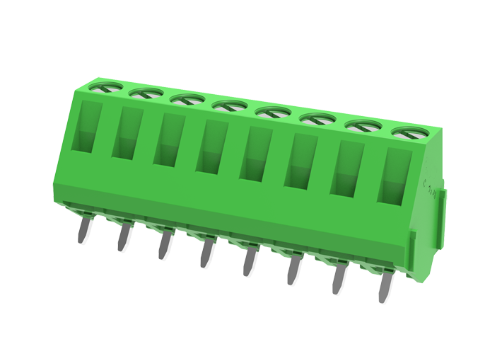 Клемма на плату MC-TD5.08A09C-0001 - Клемма, подвод кабеля 45 град., на плату, шаг: 5.08 мм, 9 полюсов, фиксация провода винтовая, исполнение: стандартное, 400V, 24A, цвет: зеленый