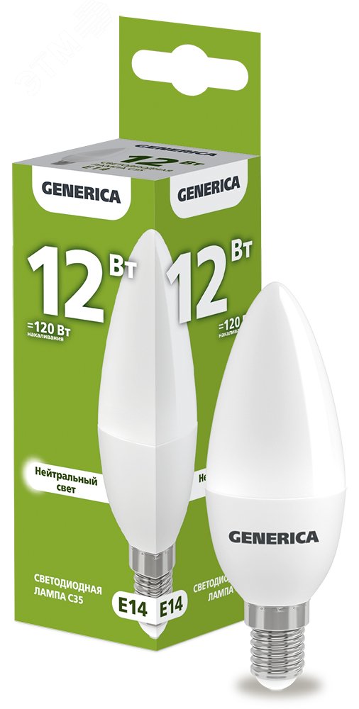 Лампа светодиодная C35 свеча 12Вт 230В 4000К E14 GENERICA LL-C35-12-230-40-E14-G