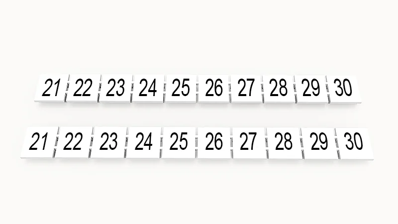 Марк.  полоска ZB10-10P-19-03Z(H) - Маркировочные шильдики для клемм WS…, DC…, PC…, сечением 10 мм кв., центральная, 10 шильдиков нанесенные символы: 21-30, с вертикальным расположением, размер шильдика: 9,3х10,7 мм, цвет белый