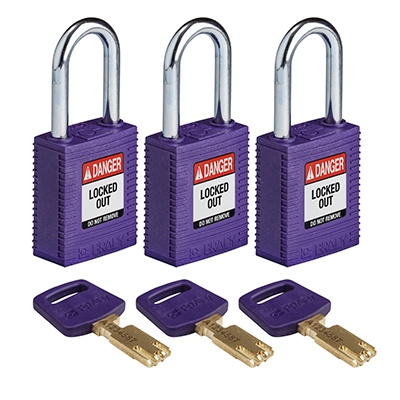 gws150229 - Замки SafeKey нейлоновые со стальной дужкой, высота дужки – 38 мм, диаметр дужки – 6.4 мм, нейлоновый корпус, размеры корпуса – 46х38х19 мм, система "Одинаковые ключи", цвет – фиолетовый, 3 шт/упак