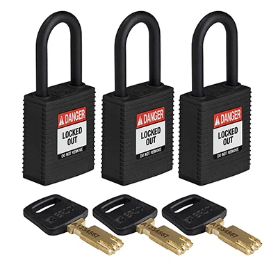gws150315 - Замки SafeKey нейлоновые с пластиковой дужкой, высота дужки – 38 мм, диаметр дужки – 6.4 мм, нейлоновый корпус, размеры корпуса – 46х38х19 мм, система "Одинаковые ключи", цвет – черный, 3 шт/упак