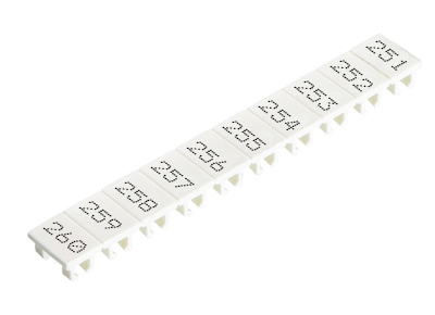 Шильдик 9705A/5/10 B  251-260 - Маркировка для клемм сечением 2,5 мм.кв., шириной 5 мм, 10 шильдиков, белая, нанесенные знаки: 251 – 260
