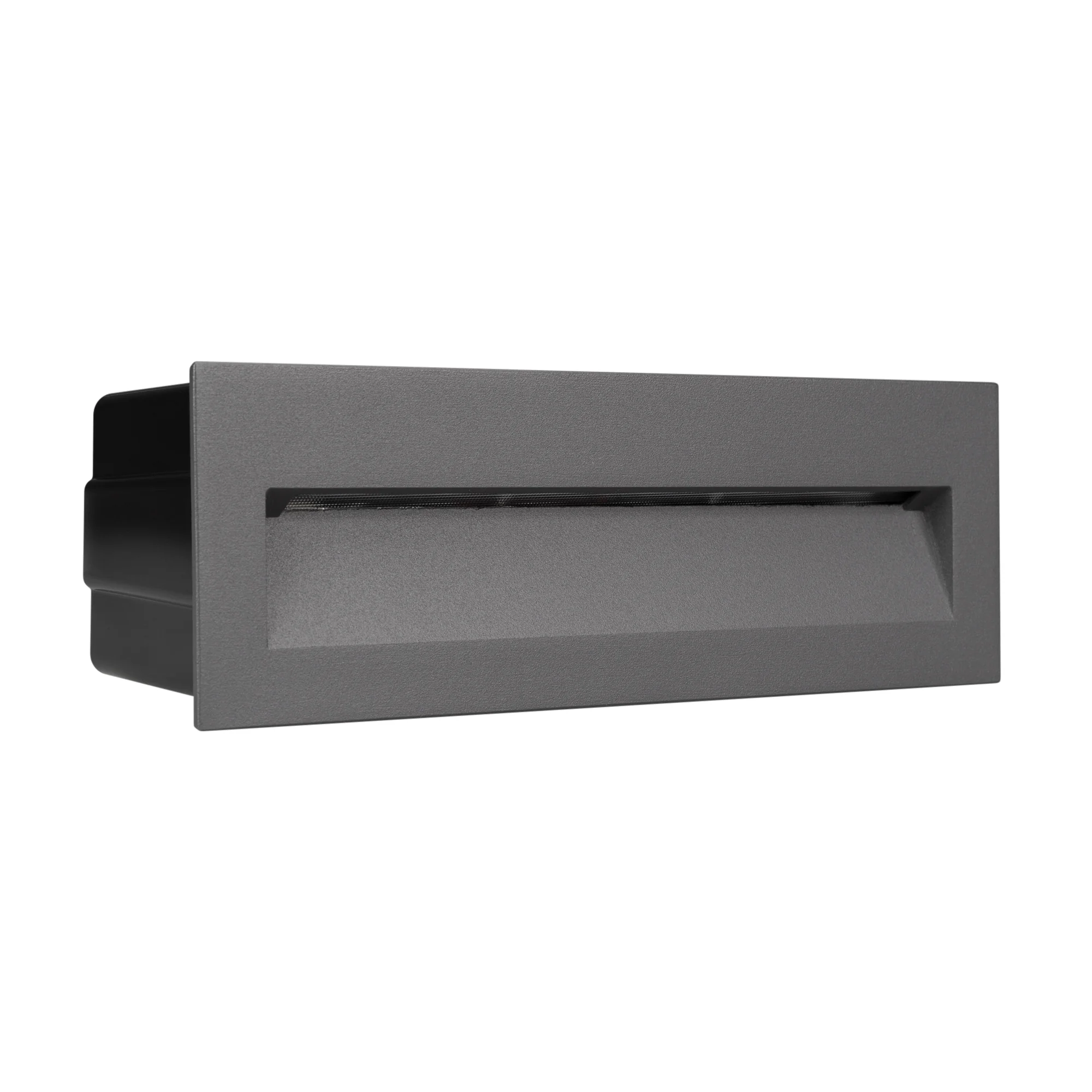 Светильник LTD-TRAIL-S226x76-8W Warm3000 (GR, 65 deg, 230V) 029964 - Светодиодный встраиваемый прямоугольный светильник для стен, лестниц, 8Вт. Цвет ТЕПЛЫЙ БЕЛЫЙ 3000K, св.поток 330лм, CRI(Ra)>80, угол 65°, асимметричный свет. Размер 226x76x54мм (закладна