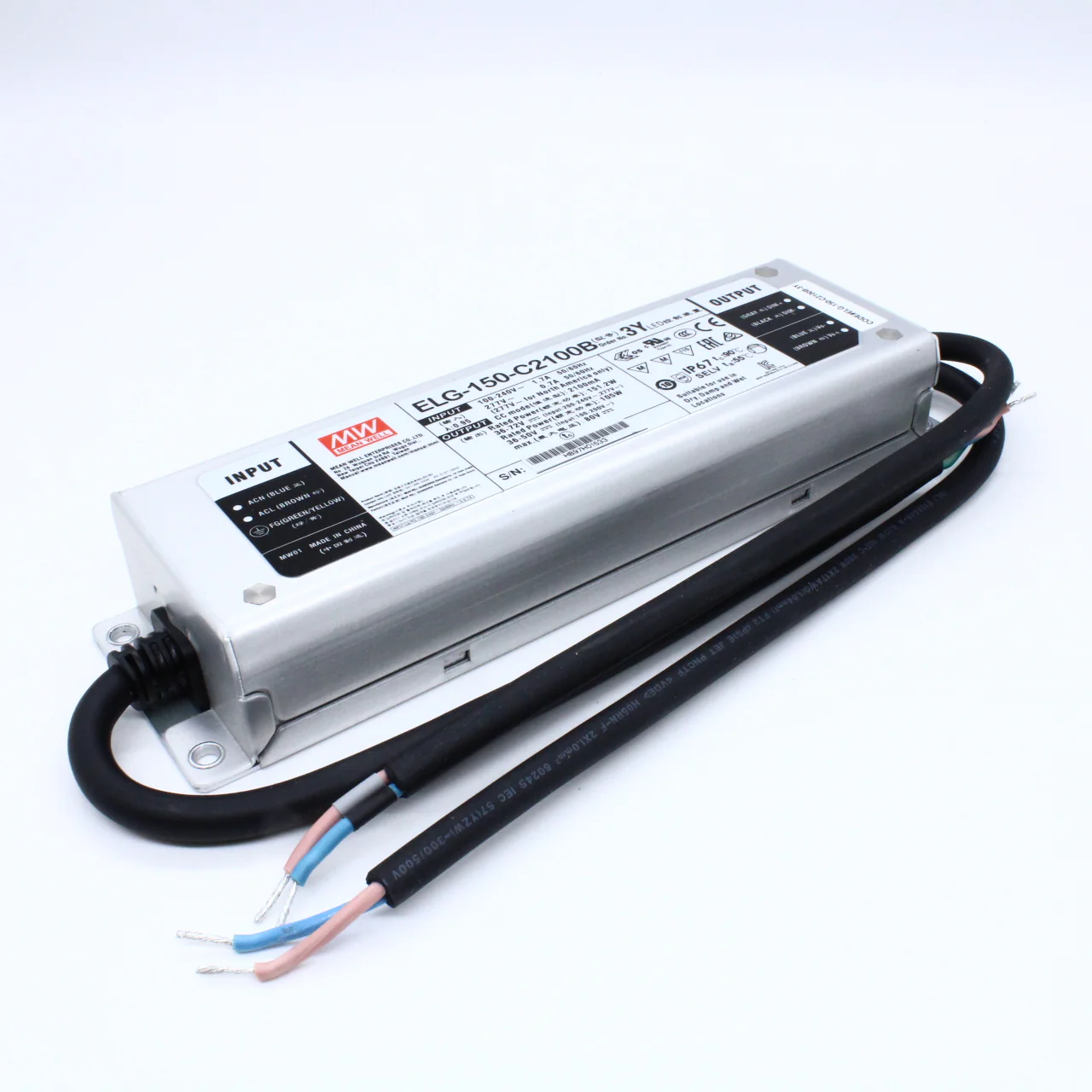 ELG-150-C2100B-3Y - AC-DC, 151.2Вт, IP67, вход 100…305В AC, 47…63Гц/142…431В DC, ККМ, выход 36…72В/2100мА, димминг 3 в 1, изоляция 3750В AC, в кожухе 219х63х35.5, -40…+70°С, провод заземления