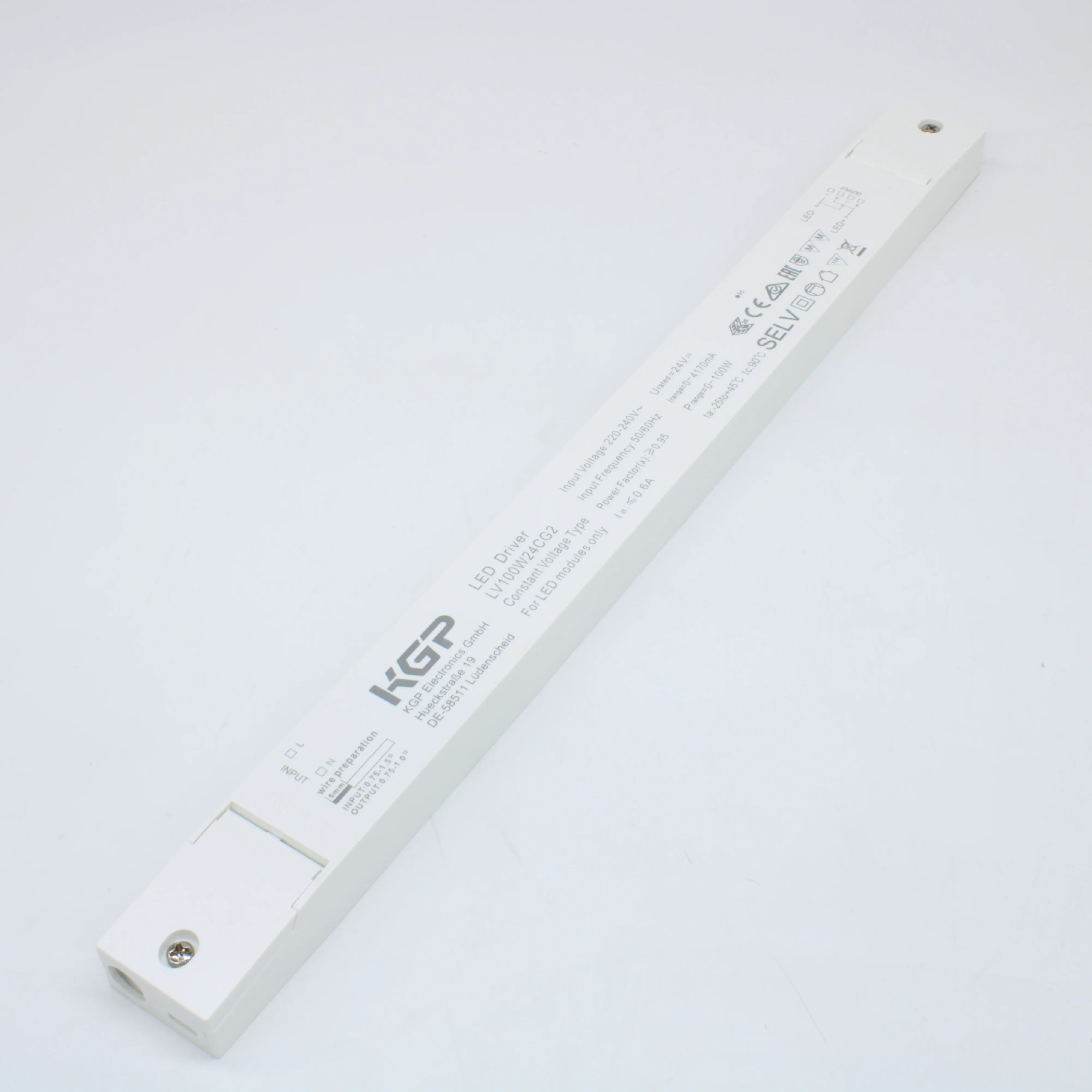 LV100W24CG2 - Преобразователь AC-DC, 100Вт, IP20, вход 176…264В AC, 47…63Гц/175…280В DC, выход 24В/0…4.17А, изоляция 3000В AC, пластиковый корпус 350х30х18мм, -25…+45°С
