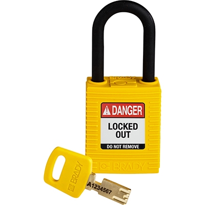gws150232 - Замок SafeKey нейлоновый с пластиковой дужкой, высота дужки – 38 мм, диаметр дужки – 6.4 мм, нейлоновый корпус, размеры корпуса – 46х38х19 мм, цвет – желтый, 1 шт/упак