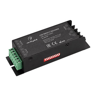 Декодер ARL-7022-DMX (12-24V, 1x25A, DMX512) 027152 - Декодер сигнала DMX512 в ШИМ (PWM). Напряжение питания DC 12-24V, 1 канал управления, ток нагрузки до 25А, максимальная мощность 300-600W, винтовые клеммы. Адреса устанавливаются DIP-переключателями на