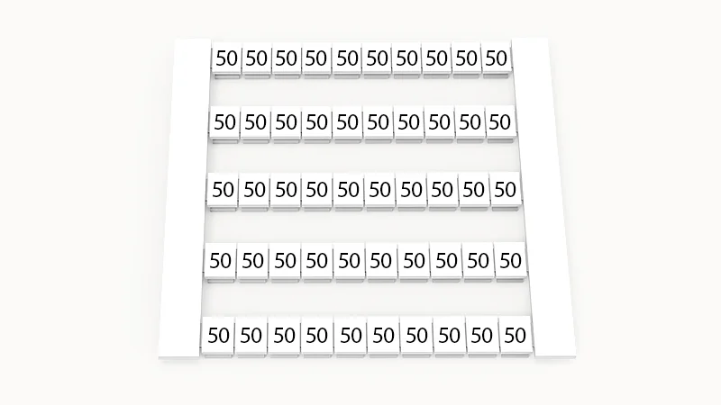 Марк. кассета DEK5-50P-19-129Z(H) - Маркировочные шильдики для клемм WS…, сечением 2,5 мм кв., боковая, 50 шильдиков, нанесенные символы: 50, по 5 полосок,с вертикальным расположением, размер шильдика: 4,8х5,5 мм, цвет белый