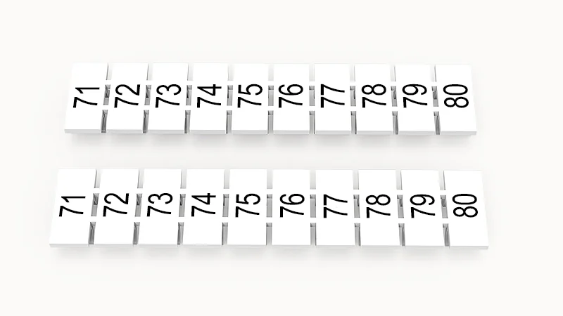 Марк.  полоска ZB6-10P-19-252Z(H) - Маркировочные шильдики для клемм WS…, DC…, PC…, сечением 4 мм кв., центральная, 10 шильдиков нанесенные символы: 71-80, с горизонтальным расположением, размер шильдика: 5,55х10,7 мм, цвет белый