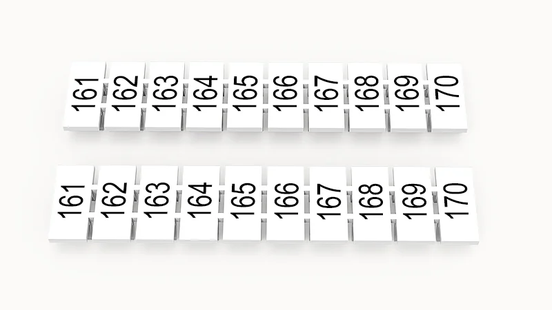 Марк.  полоска ZB6-10P-19-264Z(H) - Маркировочные шильдики для клемм WS…, DC…, PC…, сечением 4 мм кв., центральная, 10 шильдиков нанесенные символы: 161-170, с горизонтальным расположением, размер шильдика: 5,55х10,7 мм, цвет белый