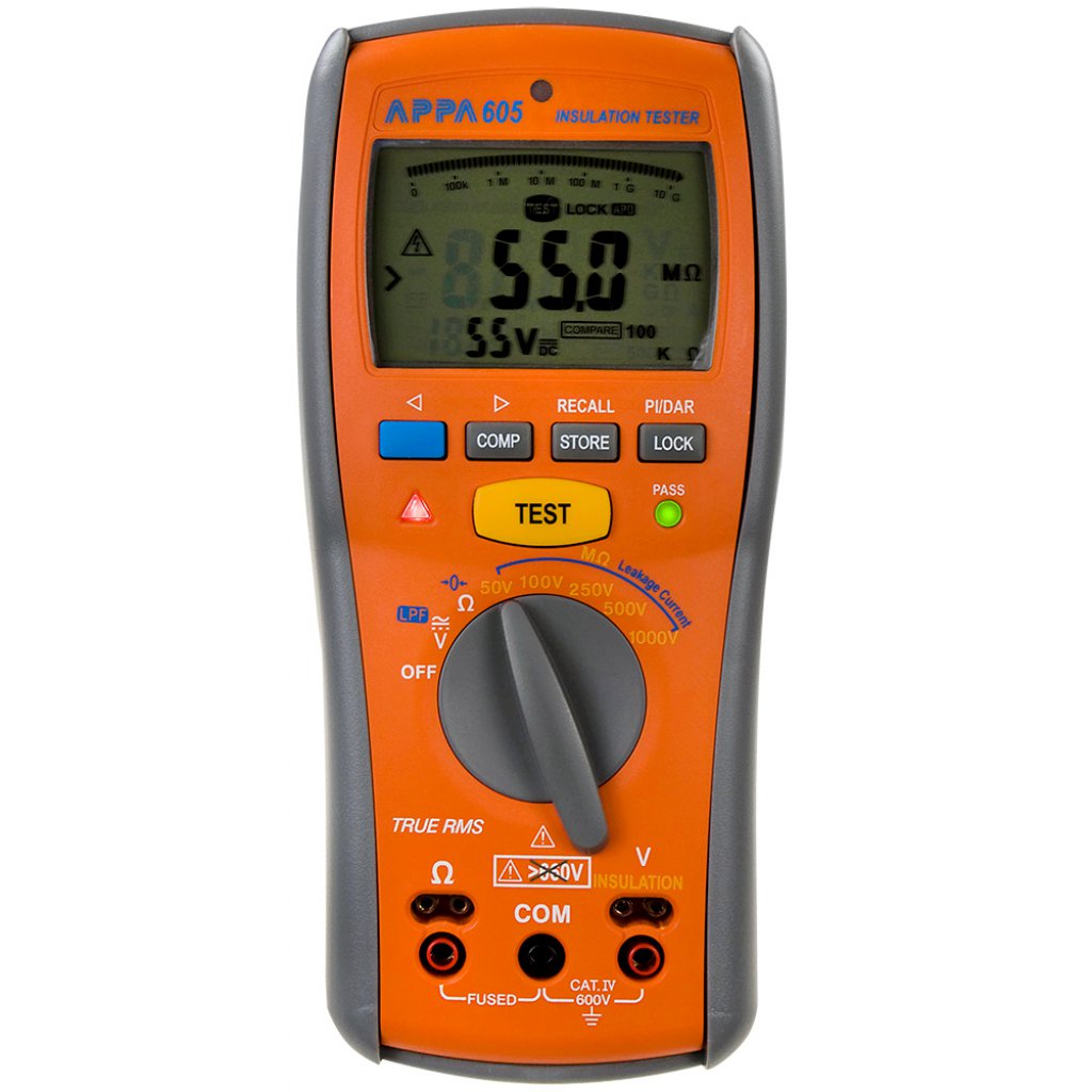 APPA 605 - Многфункц. цифровой тестер изоляции (3 в 1): измерение сопротивления изоляции 10кОм… 20 ГОм (±3 %; U испыт. 250/500/1000В), сопротивление до 40 кОм ( ±1,5%) и прозвонка