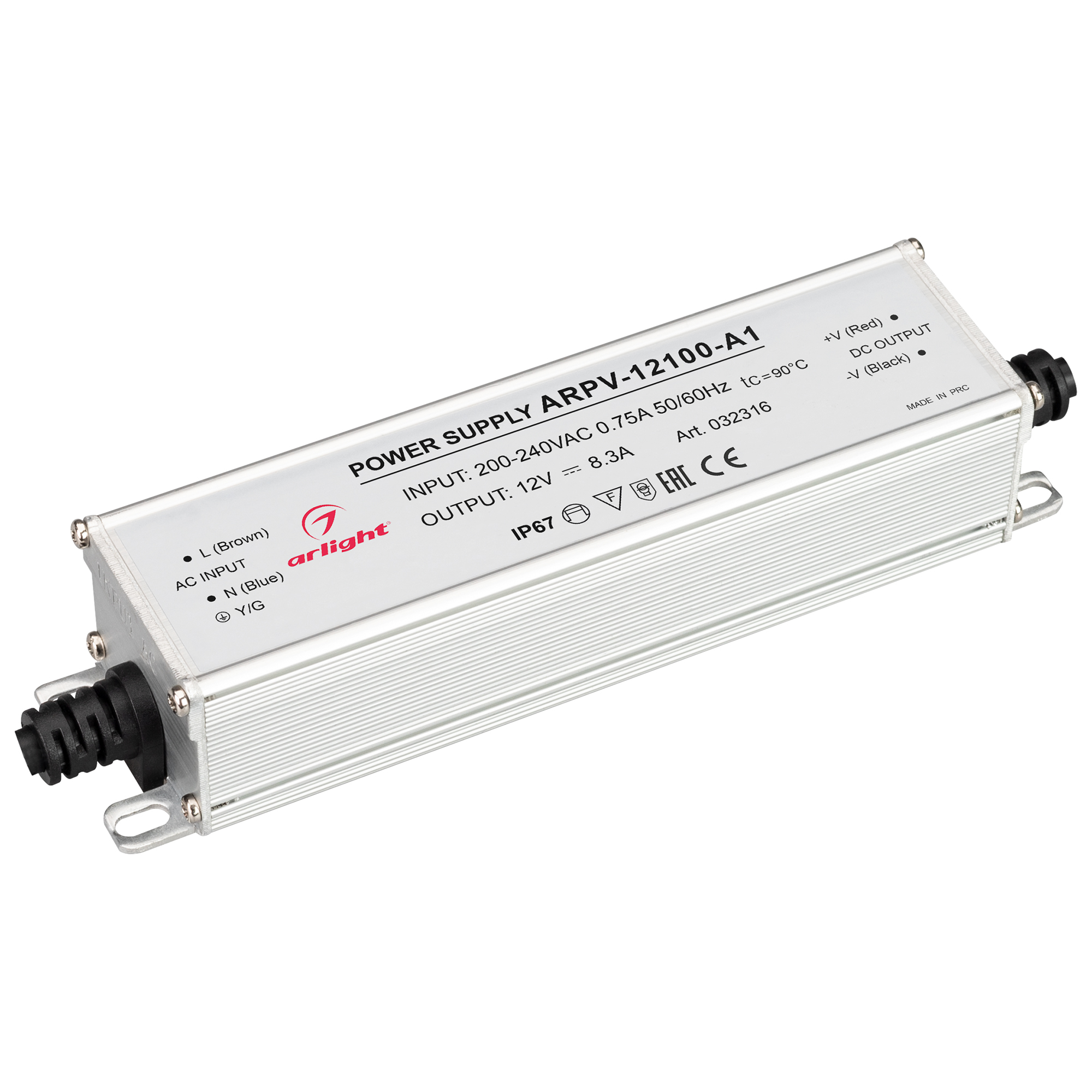 Блок питания ARPV-12100-A1 (12V, 8.3A, 100W) 032316 - Источник напряжения с гальванической развязкой для светодиодных изделий. Входное напряжение 200-240 VAC. Выходные параметры: 12 В, 8,3 А, 100 Вт. Встроенный PFC >0,5. Герметичный алюминиевый корпус IP 