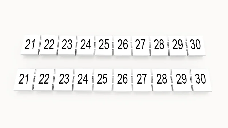 Марк.  полоска ZB8-10P-19-03Z(H) - Маркировочные шильдики для клемм WS…, DC…, PC…, сечением 6 мм кв., центральная, 10 шильдиков нанесенные символы: 21-30, с вертикальным расположением, размер шильдика: 7,45х10,7 мм, цвет белый
