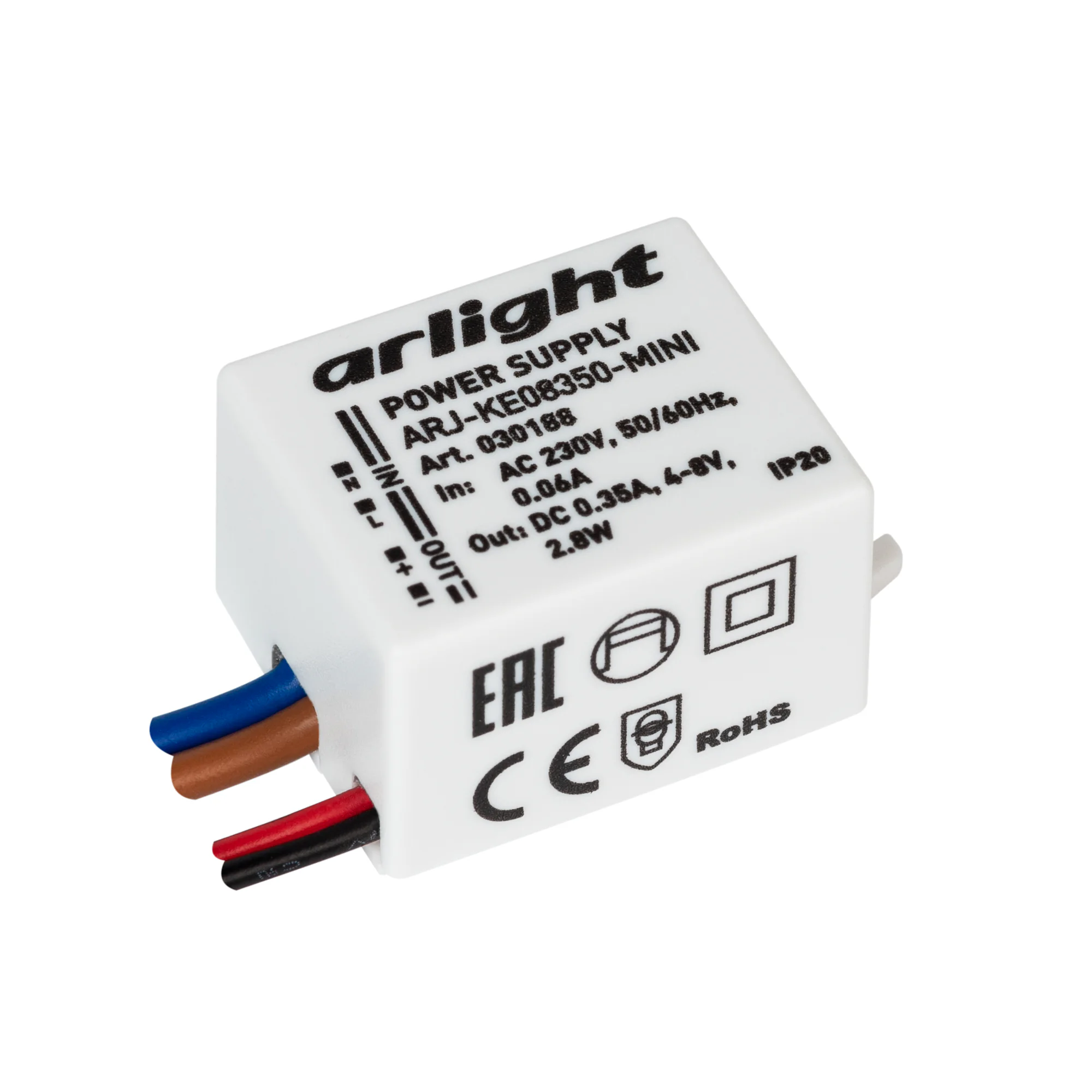 Блок питания ARJ-KE08350-MINI (2.8W, 350mA) 030188 - Источник тока с гальванической развязкой для светильников и мощных светодиодов. Входное напряжение 220-240 VAC. Выходные параметры: 4-8 В, 350 mА, 2.8 Вт. Встроенный PFC >0.4. Негерметичный алюминиевый 