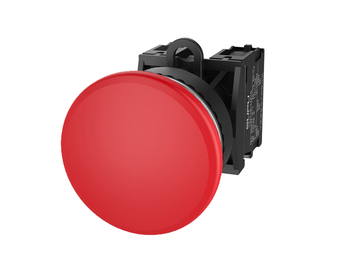 Кнопка грибовидная (красная) TS2520-0FM10-R20 - Кнопка грибовидная, без блокировки, без подсветки, алюминиевое переднее кольцо, с плавным нажатием, с контактной группой 2NO, диаметр головки кнопки 40 мм, диаметр посадочного отверстия: 22 мм, цвет: красный