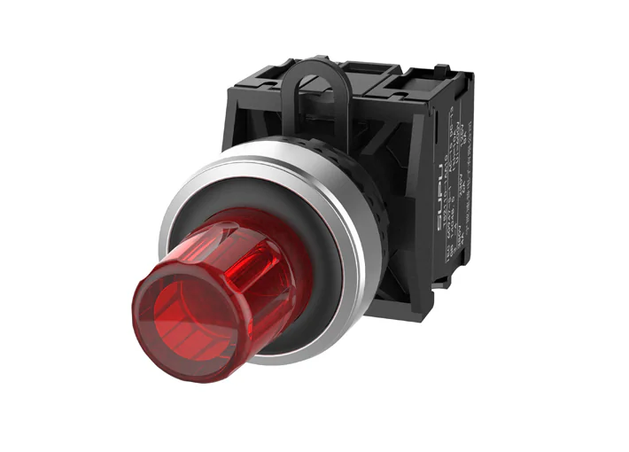 Кнопка "СТОП" (красная) TS2527-0QL10-R10 - Нажимная кнопка "СТОП", с блокировкой, LED AC 220V, алюминиевое переднее кольцо, с плавным нажатием, с контактной группой 1NO, диаметр головки кнопки 29,5 мм, диаметр посадочного отверстия: 22 мм, цвет: красный