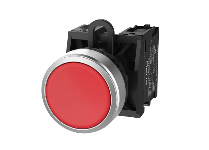 Кнопка плоская (красная) TS2520-0AL10-S20 - Кнопка круглая плоская, с блокировкой, без подсветки, алюминиевое переднее кольцо, с мгновенным нажатием, с контактной группой 2NO, диаметр головки кнопки 29,5 мм, диаметр посадочного отверстия: 22 мм, цвет: кра