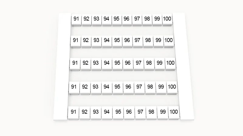Марк. кассета DEK6-50P-19-42Z(H) - Кассета с шильдиками для клемм WS…, сечением 4 мм кв., боковая, 50 шильдиков, нанесенные символы: 91-100, 5 полосок, с вертикальным расположением, размер шильдика: 5,8х5,5 мм, цвет белый