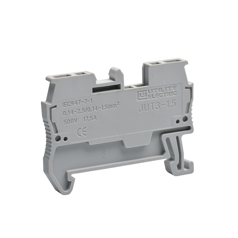 Проходная клемма JUT3-1.5-GY - Проходная клемма, тип фиксации провода: пружинный, номинальное сечение: 1,5 мм кв., 500V, 17,5A, ширина: 4,2 мм, цвет: серый, тип монтажа: DIN35