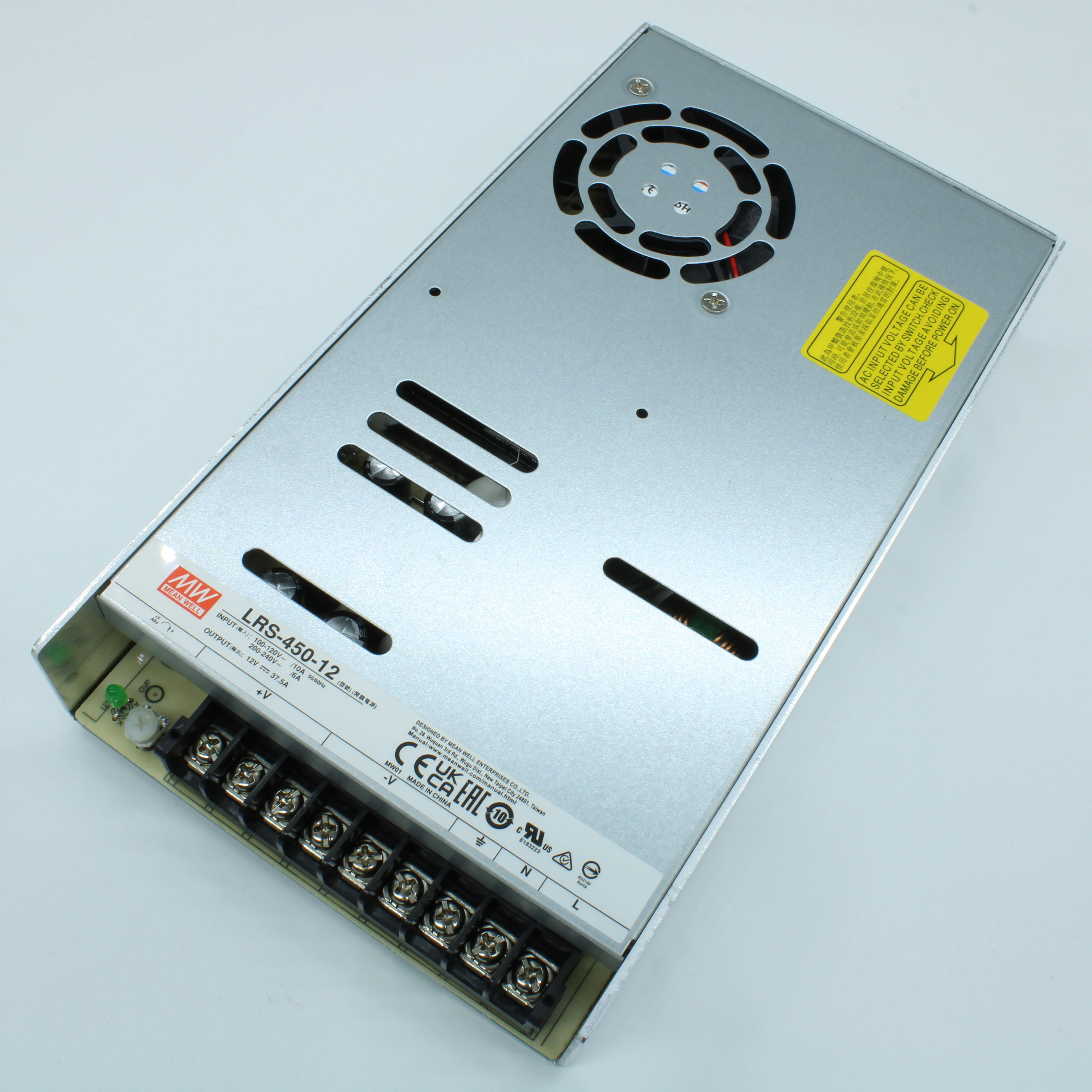 LRS-450-12 - AC-DC, 450Вт, вход 90…264В AC (переключатель), 47…63Гц, выход 12В/37.5A, рег.вых=11.4…13.2В, изоляция 3000В AC, в кожухе 225х124х35мм, -25…+70°С