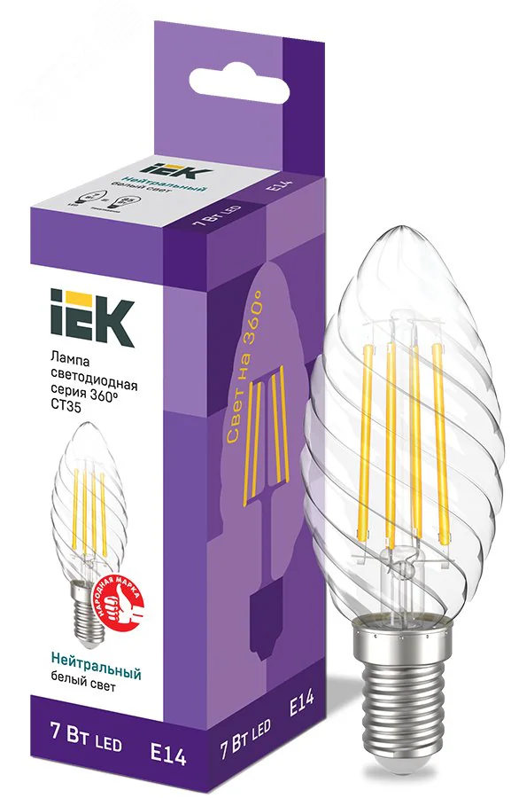 Лампа LED CT35 свеча вит. 7Вт 230В 4000К E14 серия 360° LLF-CT35-7-230-40-E14-CL