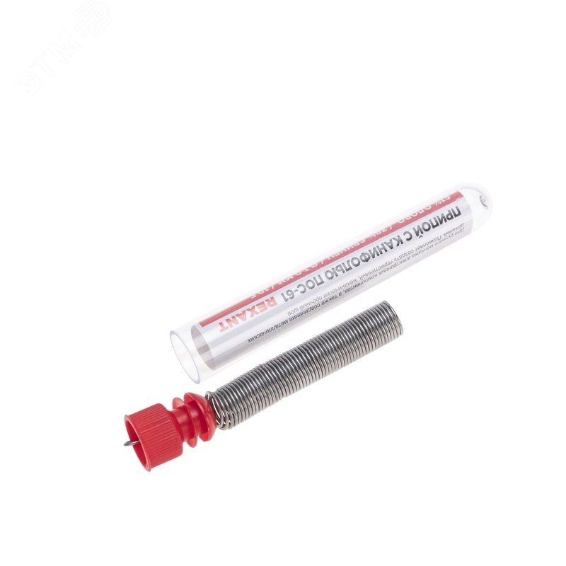 Припой с канифолью ПОС-61 10гр  1.0мм - Припой трубчатый с канифолью REXANT, 10 г, d1.0 мм, (олово 61%, свинец 39%), колба