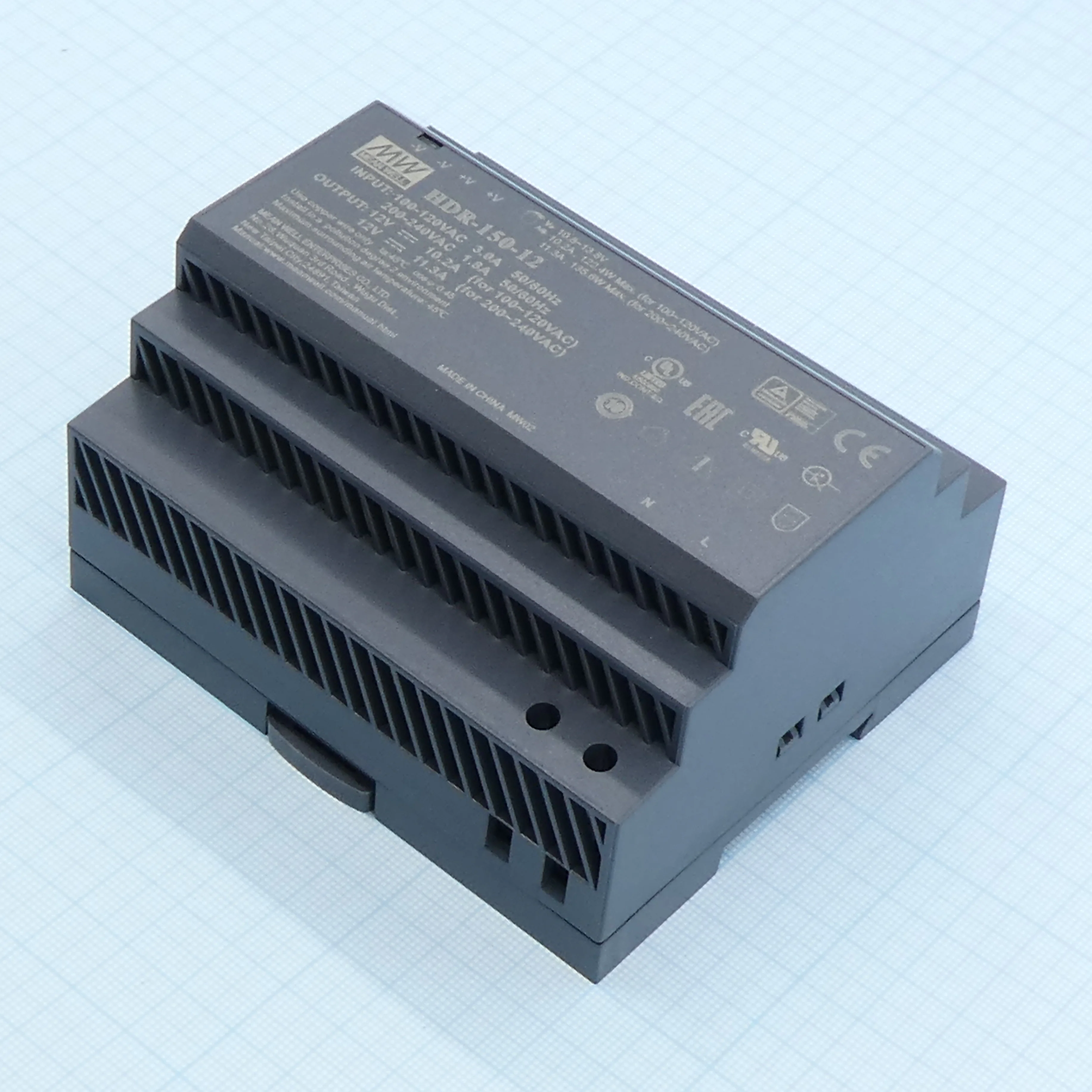 HDR-150-12 - AC-DC, 135.6Вт, вход 85...264 В AC 47...63Гц/120...370В DC, выход 12В/11.3А, рег. выхода 10.8…13.8В, изоляция 3000В AC, в кожухе на DIN-рейку, 105х90х54.5мм, -30...+70°С