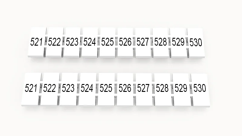 Марк.  полоска ZB5-10P-19-513Z(H) - Маркировочные шильдики для клемм WS…, DC…, PC…, сечением 2,5 мм кв., центральная, 10 шильдиков, нанесенные символы: 521-530 с вертикальным расположением, размер шильдика: 4,55х10,7 мм, цвет белый