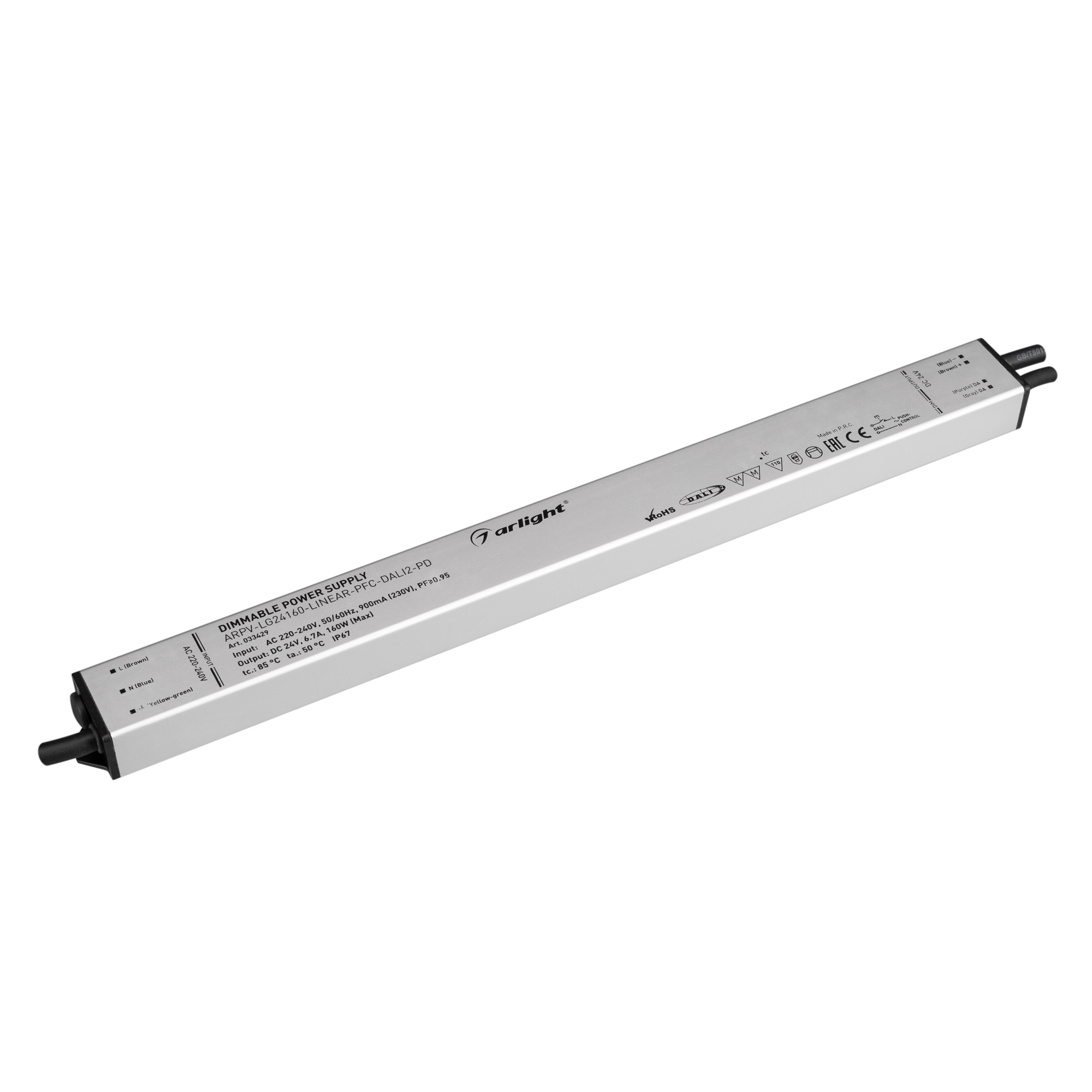 Блок питания ARPV-LG24160-LINEAR-PFC-DALI2-PD (24V, 6.7A, 160W) 033429 - Диммируемый блок питания 24V с гальванической развязкой, ток 6.7А, 160Вт, с управлением DALI, c функцией PUSH-DIM, с корректором мощности, PF>0,95. Тонкий металлический корпус IP67. 
