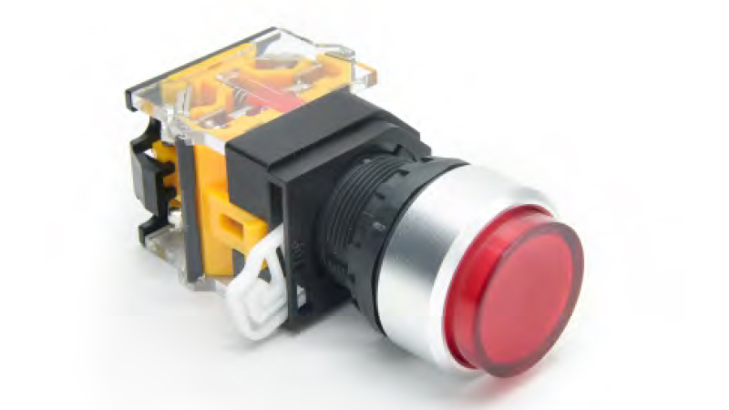 Кнопка  DT22M-FRH11/RD - Кнопка управления в сборе, без фиксации, 24 - 380VAC / DC, 0,6 - 10A, без подсветки, высокая, красный, диаметр отверстия: 22 мм, металлическая обойма кнопки