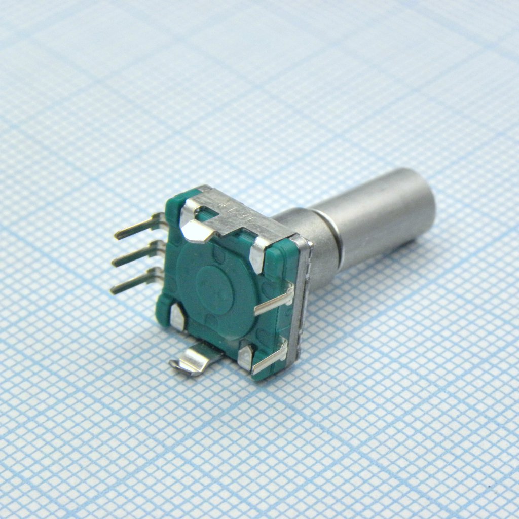 EC11E15244G1 - Энкодер EC11, 30 щелчков, 15 импульсов, металлический вал с лыской 20мм, с кнопкой, ход 0,5мм, вертикальный