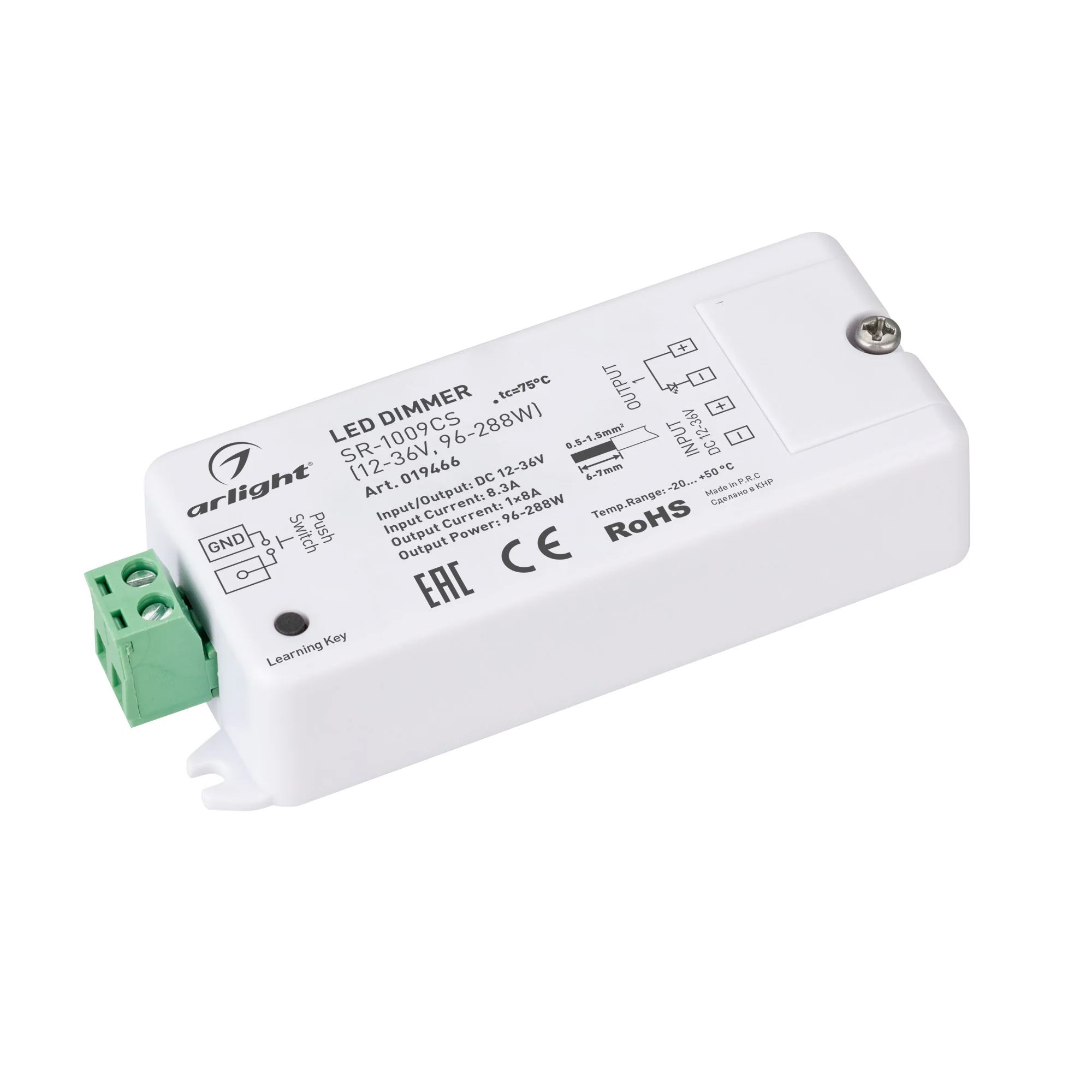Диммер SR-1009CS (12-36V, 96-288W) 019466 - Диммер для одноцветной светодиодной ленты (ШИМ). Питание/рабочее напряжение 12-36VDC, максимальный ток 8A, 1 канал, максимальная мощность 96-288W. Винтовые клеммы. Корпус - PVC. Габариты 85x37x20 мм. Управляется