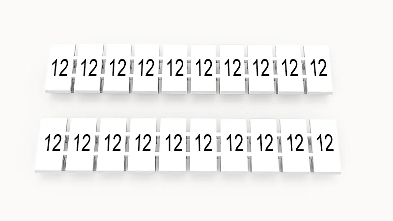 Марк.  полоска ZB5-10P-19-02Z(H) - Маркировочные шильдики для клемм WS…, DC…, PC…, сечением 2,5 мм кв., центральная, 10 шильдиков, нанесенные символы: 12 с вертикальным расположением, размер шильдика: 4,55х10,7 мм, цвет белый