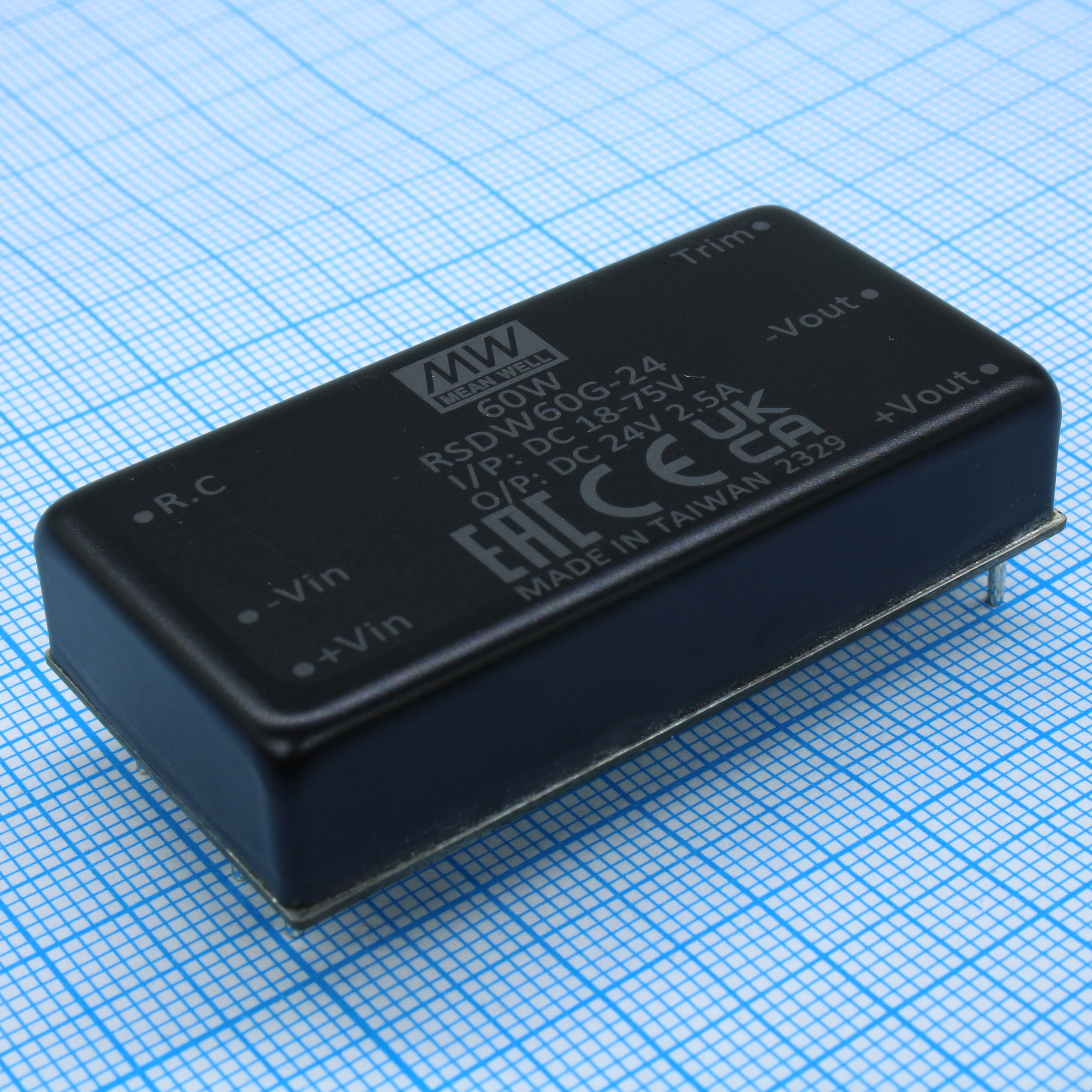 RSDW60G-24 - DC/DC, 60Вт, вход 18…75В, выход 24В/2.5А, изоляция 3000В DC, КПД 92%, максимальная емкостная нагрузка не более 2000мкФ, 2x1", 50.8x25.4x10.5мм, -40…85°C