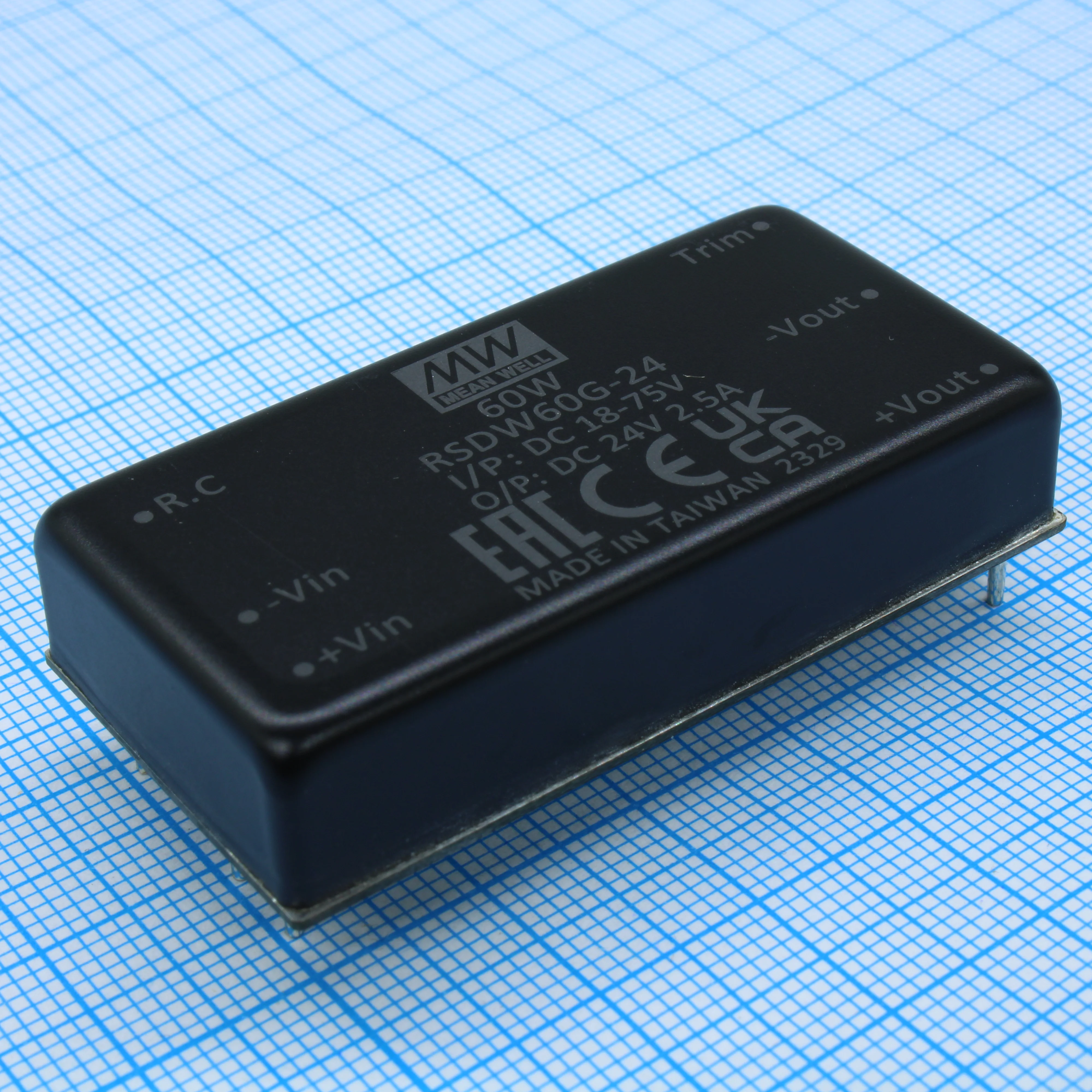 RSDW60G-24 - DC/DC, 60Вт, вход 18…75В, выход 24В/2.5А, изоляция 3000В DC, КПД 92%, максимальная емкостная нагрузка не более 2000мкФ, 2x1", 50.8x25.4x10.5мм, -40…85°C