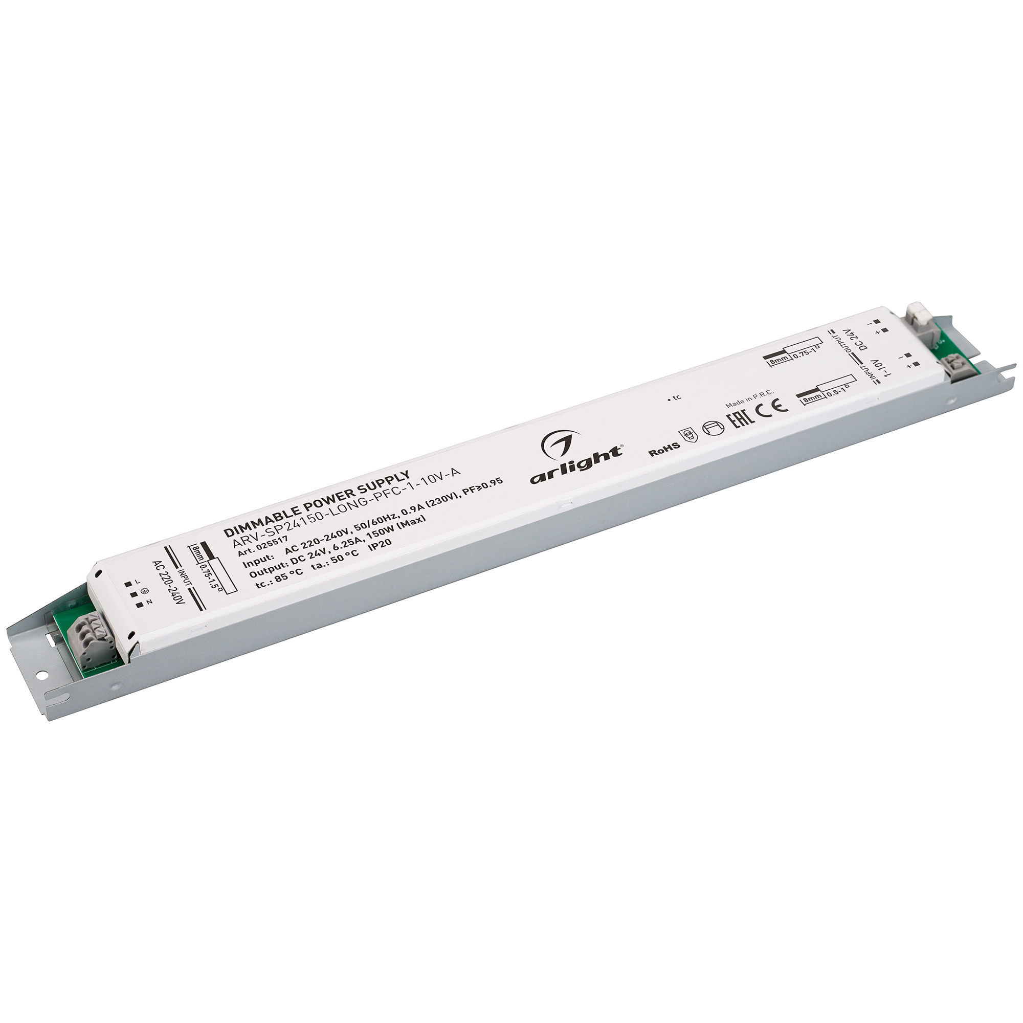 Блок питания ARV-SP24150-LONG-PFC-1-10V-A (24V, 6.25A, 150W) 025517 - Диммируемый источник напряжения по стандарту 1-10 В с гальванической развязкой для светодиодных изделий. Входное напряжение 220-240 VAC. Выходные параметры: 24 В, 6.25 А, 150 Вт. Встрое