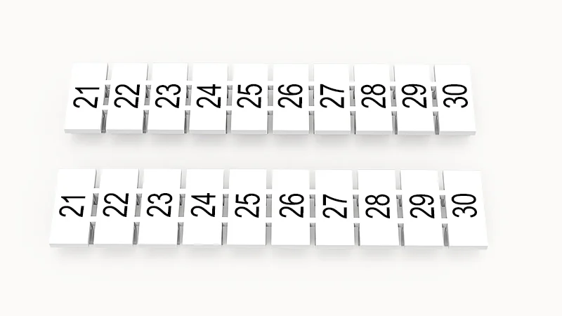 Марк.  полоска ZB5-10P-19-933Z(H) - Маркировочные шильдики для клемм WS…, DC…, PC…, сечением 2,5 мм кв., центральная, 10 шильдиков, нанесенные символы: 21-30 с горизонтальным расположением, размер шильдика: 4,55х10,7 мм, цвет белый
