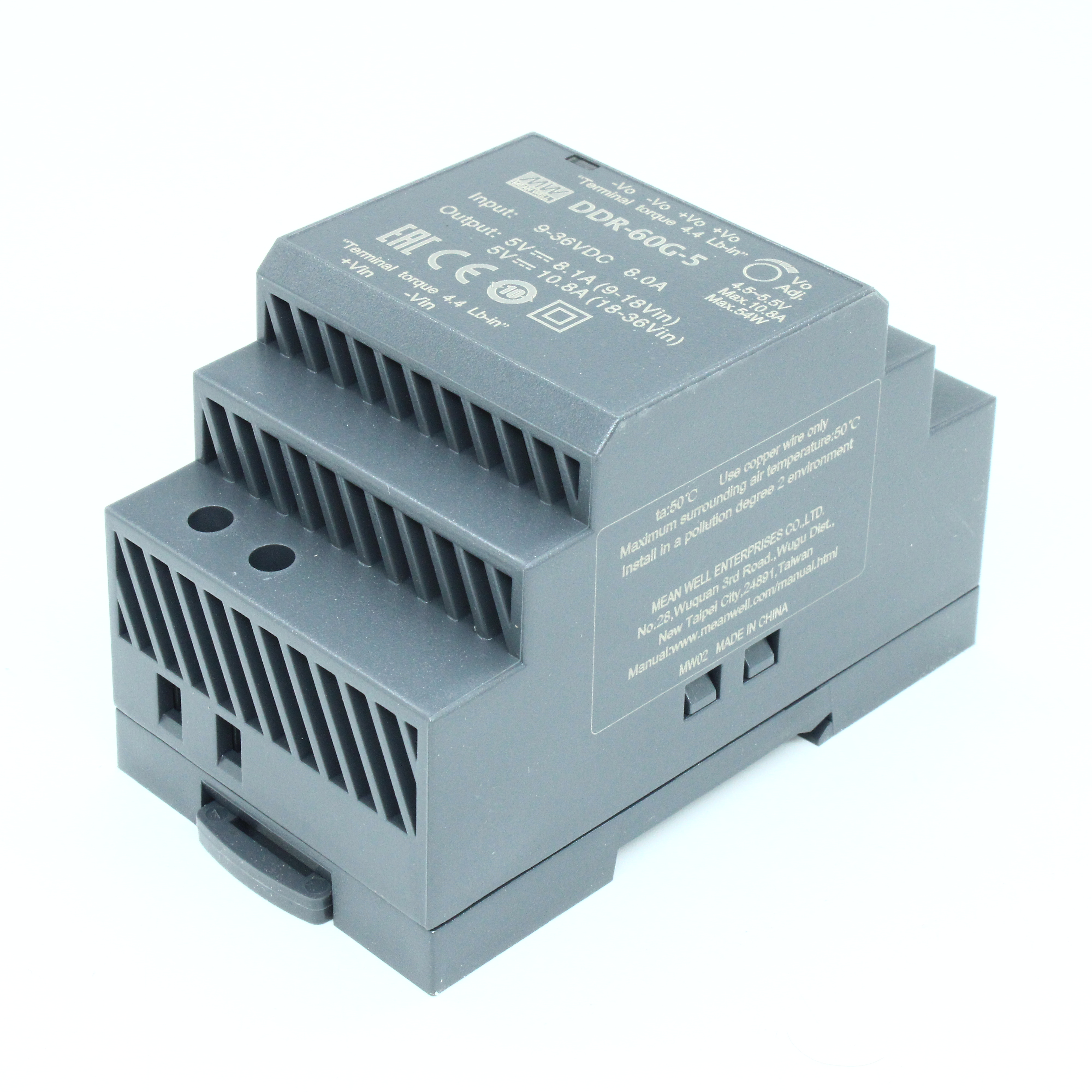 DDR-60G-5 - DC-DC, 54Вт, вход 9…36 В DC, выход 5В/10.8А, изоляция 4000В DC, в кожухе на DIN-рейку, 52.5х90х54.5мм, -40...+85°С