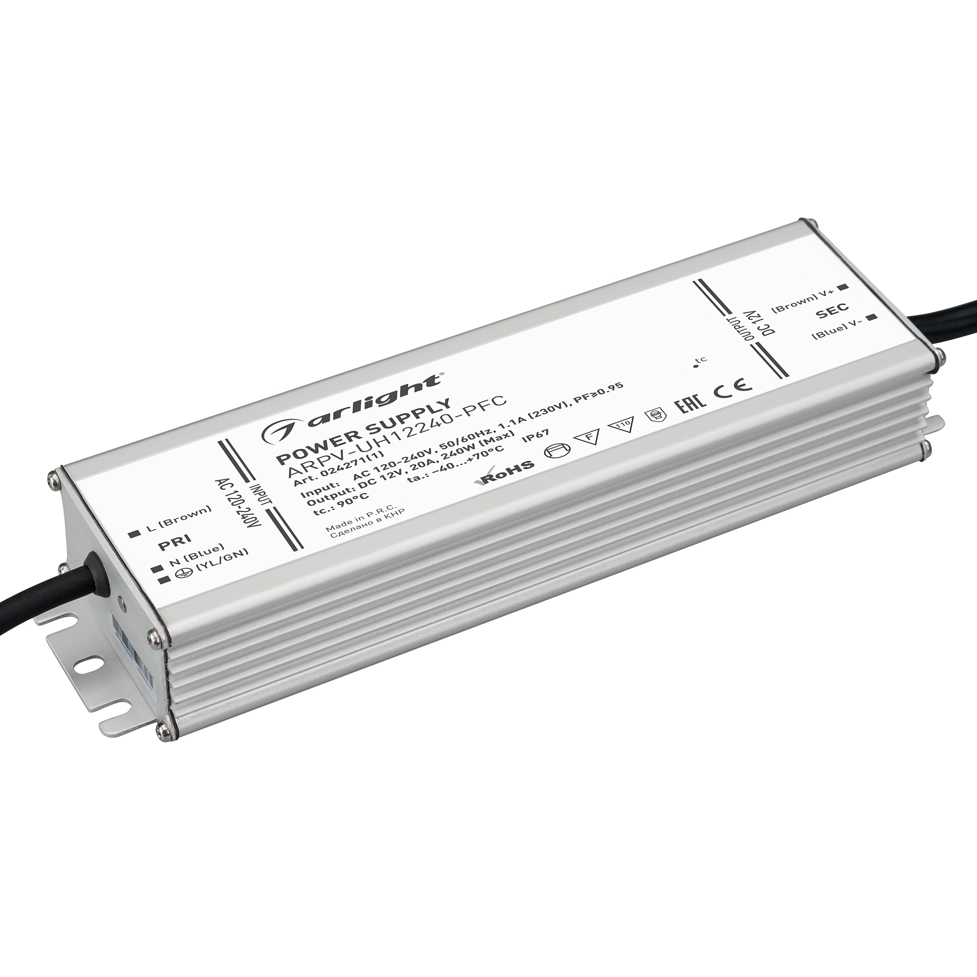 Блок питания ARPV-UH12240-PFC (12V, 20.0A, 240W) 024271(1) - Источник напряжения с гальванической развязкой для светодиодных изделий. Входное напряжение 120-240 VAC. Выходные параметры: 12 В, 20 А, 240 Вт. Встроенный PFC >0,95. Герметичный алюминиевый кор
