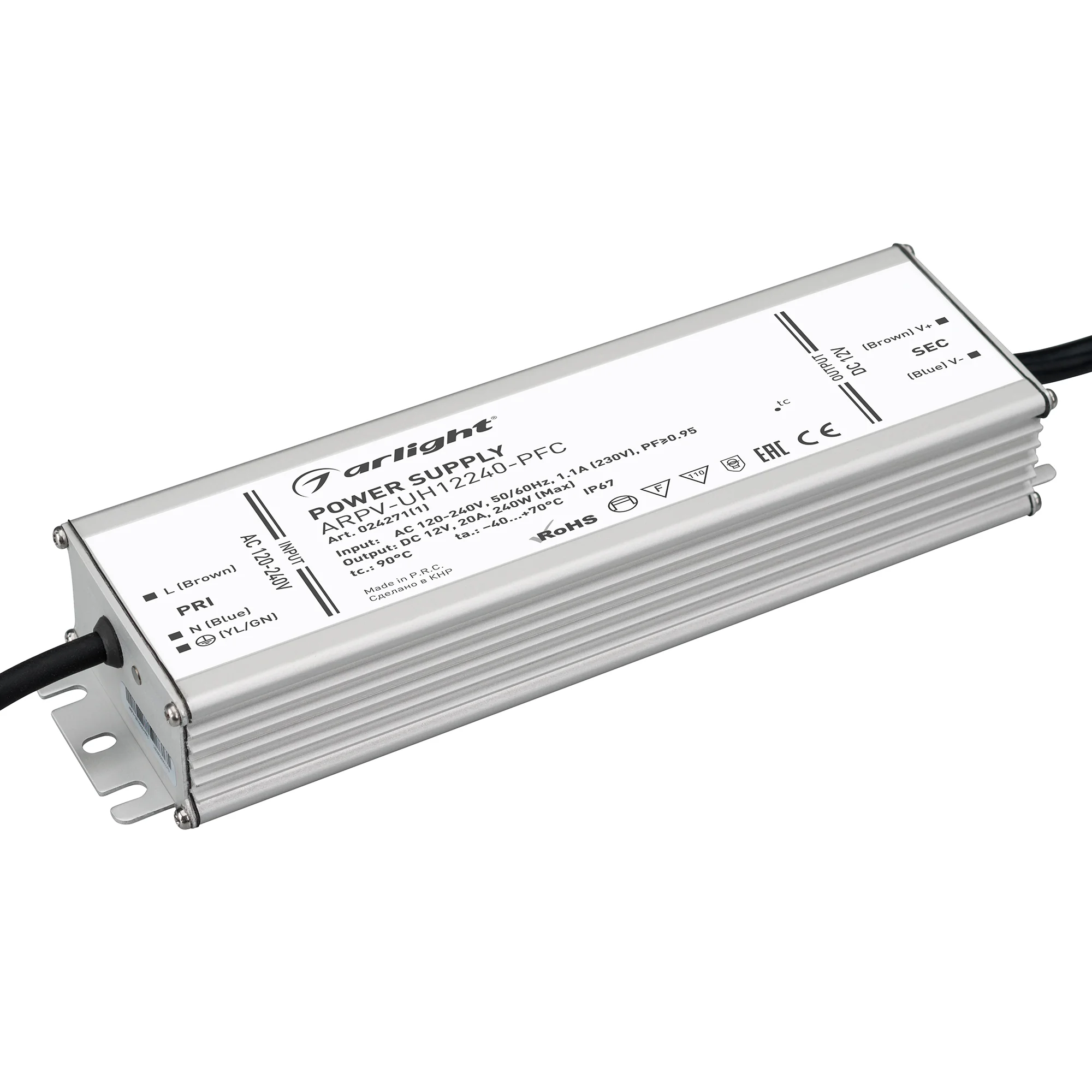 Блок питания ARPV-UH12240-PFC (12V, 20.0A, 240W) 024271(1) - Источник напряжения с гальванической развязкой для светодиодных изделий. Входное напряжение 120-240 VAC. Выходные параметры: 12 В, 20 А, 240 Вт. Встроенный PFC >0,95. Герметичный алюминиевый кор