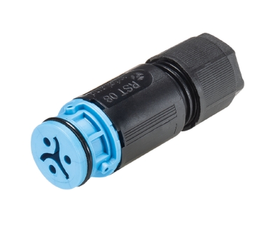 Разъем RST08i3 S B1 ZR1SH BL - Розеточный разъем на кабель диам. 4-7 мм, IP68(69k), 3 полюса, цвет: синий, номинальные характеристики: 250V/400V 8A, серия gesis RST MICRO