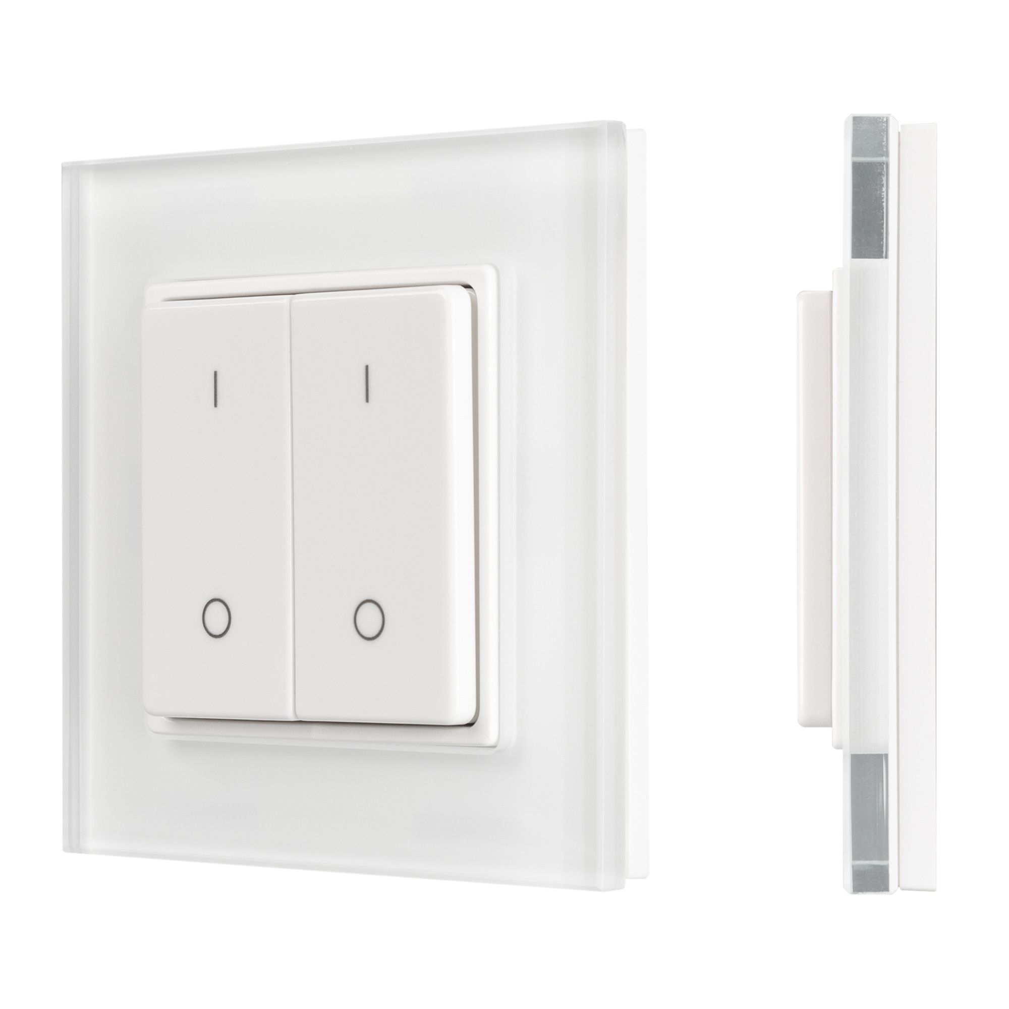 Панель SMART-P47-DIM-G-SUF (3V, 2 зоны, Knob, 2.4G) 032984 - Накладная кнопочная панель 2.4 ГГц, цвет белый. Материал - стекло. Для управления одноцветными источниками света, 2 зоны управления. Питание/рабочее напряжение 3VDC от батарейки CR2032. Габариты