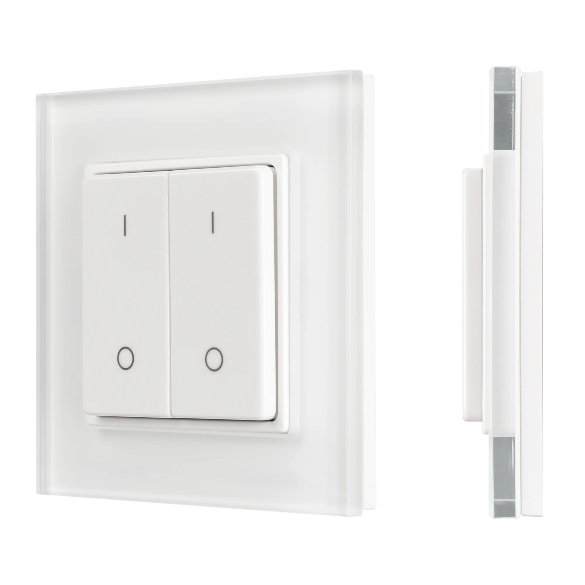 Панель SMART-P47-DIM-G-SUF (3V, 2 зоны, Knob, 2.4G) 032984 - Накладная кнопочная панель 2.4 ГГц, цвет белый. Материал - стекло. Для управления одноцветными источниками света, 2 зоны управления. Питание/рабочее напряжение 3VDC от батарейки CR2032. Габариты
