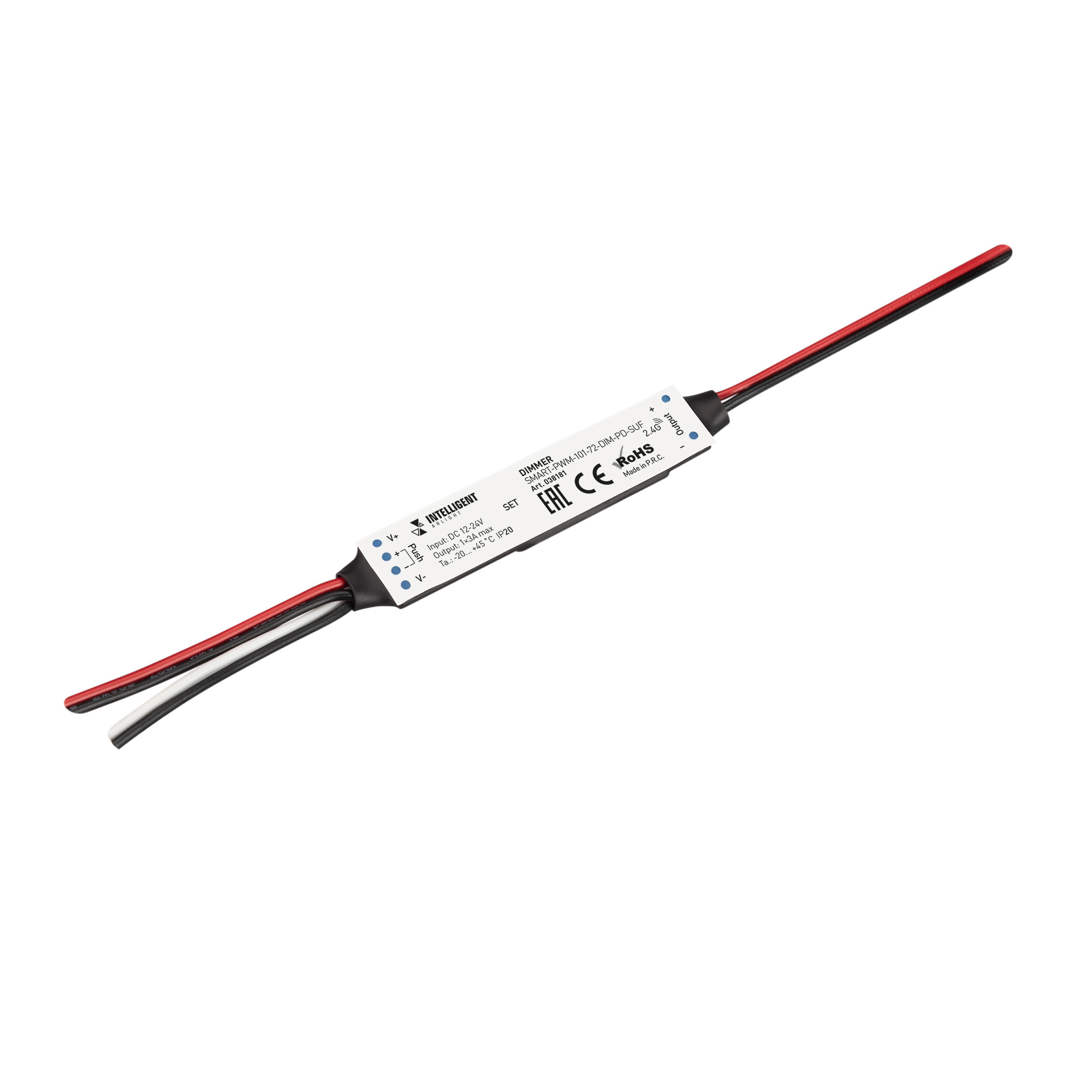 INTELLIGENT ARLIGHT Диммер SMART-PWM-101-72-DIM-PD-SUF (12-24V, 1x3A, SS, 2.4G) 038181 - Миниатюрный диммер для монохромной светодиодной ленты (ШИМ). Питание/рабочее напряжение 12-24VDC, максимальный ток 3A на канал, 1 канал, максимальная мощность 36-72W,