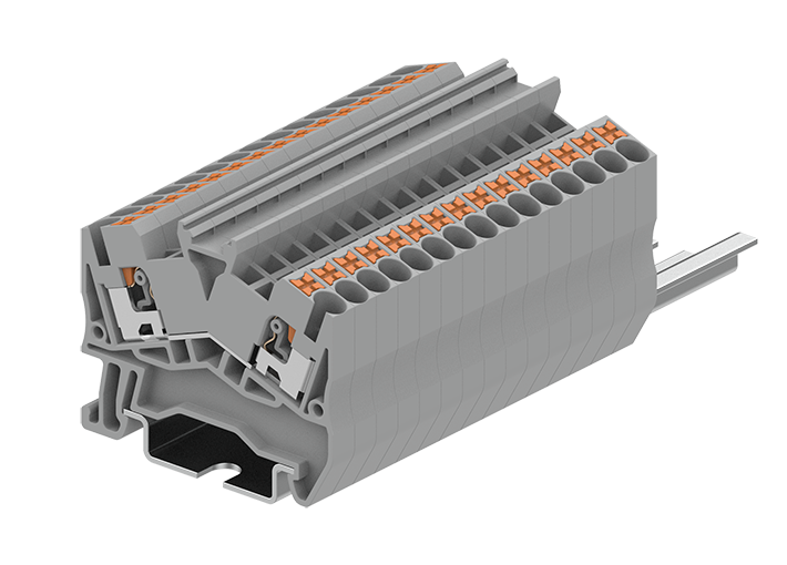 Проходная клемма TPS2.5-2-GY - Проходная клемма, угловая, тип фиксации провода: push-in, номинальное сечение: 2,5 мм кв., 24A, 800V, ширина: 5,2 мм, цвет: серый, тип монтажа: DIN 35
