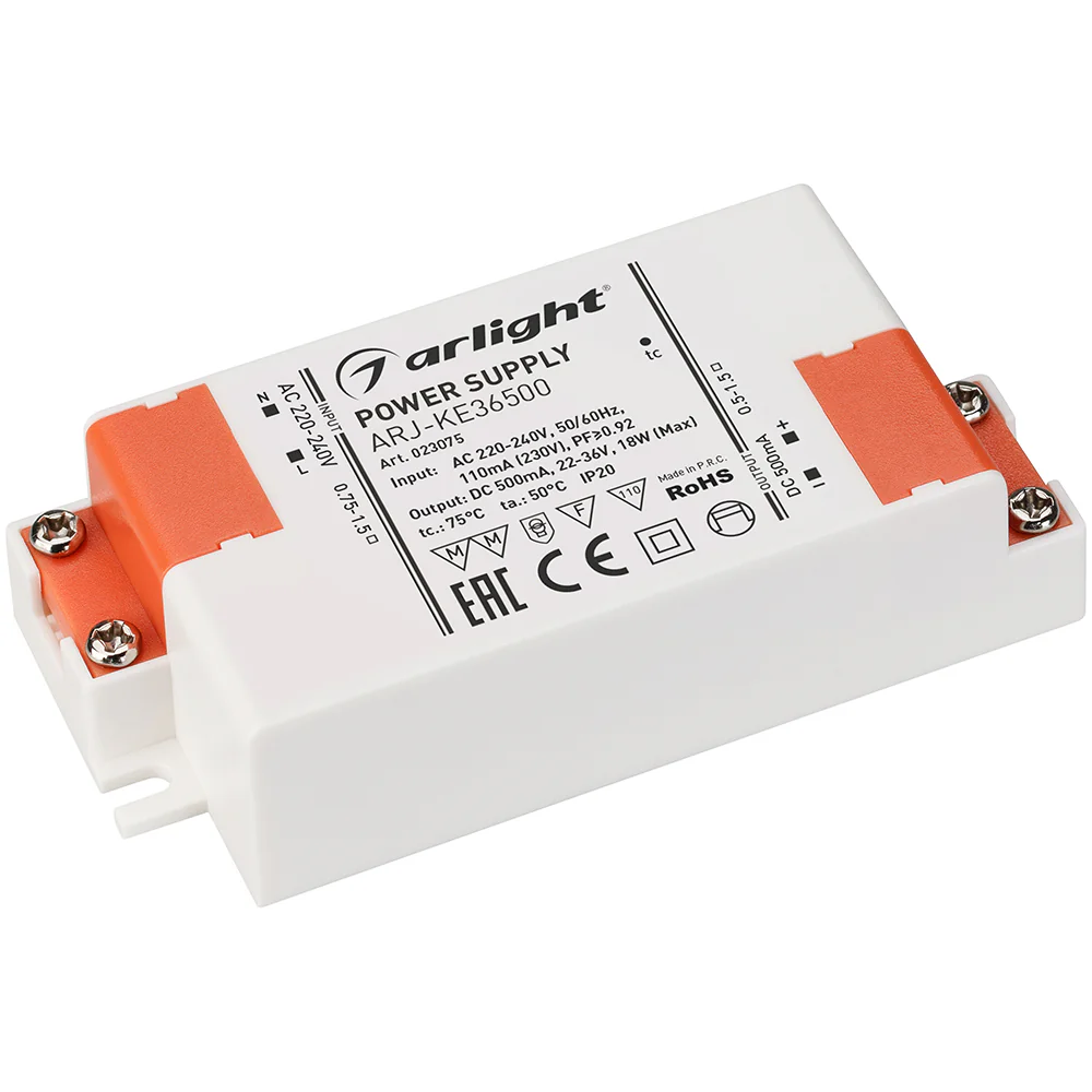 Блок питания ARJ-KE36500 (18W, 500mA, PFC) 023075 - Источник тока с гальванической развязкой для светильников и мощных светодиодов. Входное напряжение 220-240 VAC. Выходные параметры: 22-36 В, 500 mА, 18 Вт. Встроенный PFC >0.92. Негерметичный алюминиевый