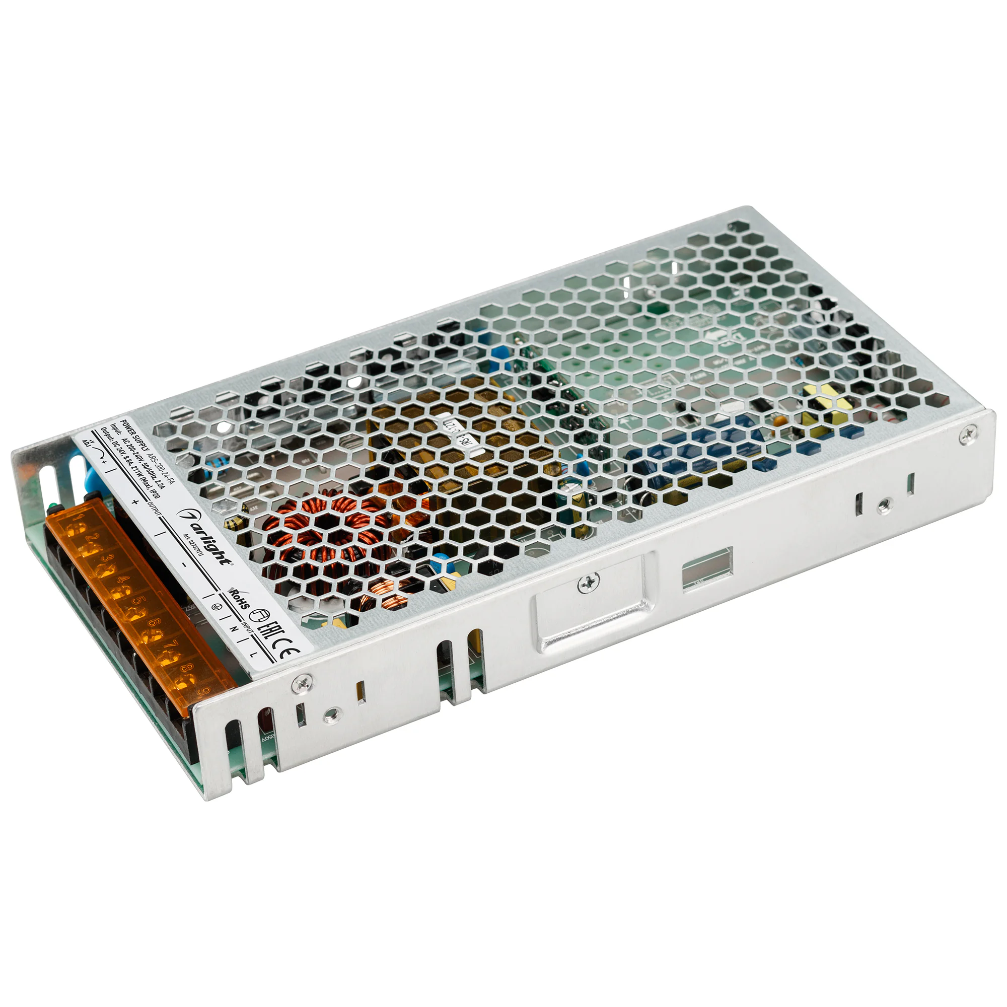 Блок питания ARS-200-24-FA (24V, 8.8A, 211W) 027329(1) - Источник напряжения с гальванической развязкой для светодиодных изделий. Входное напряжение 200-240 VAC. Выходные параметры: 24 В, 8.8 А, 211 Вт. Встроенный PFC >0.5. Негерметичный алюминиевый сетча