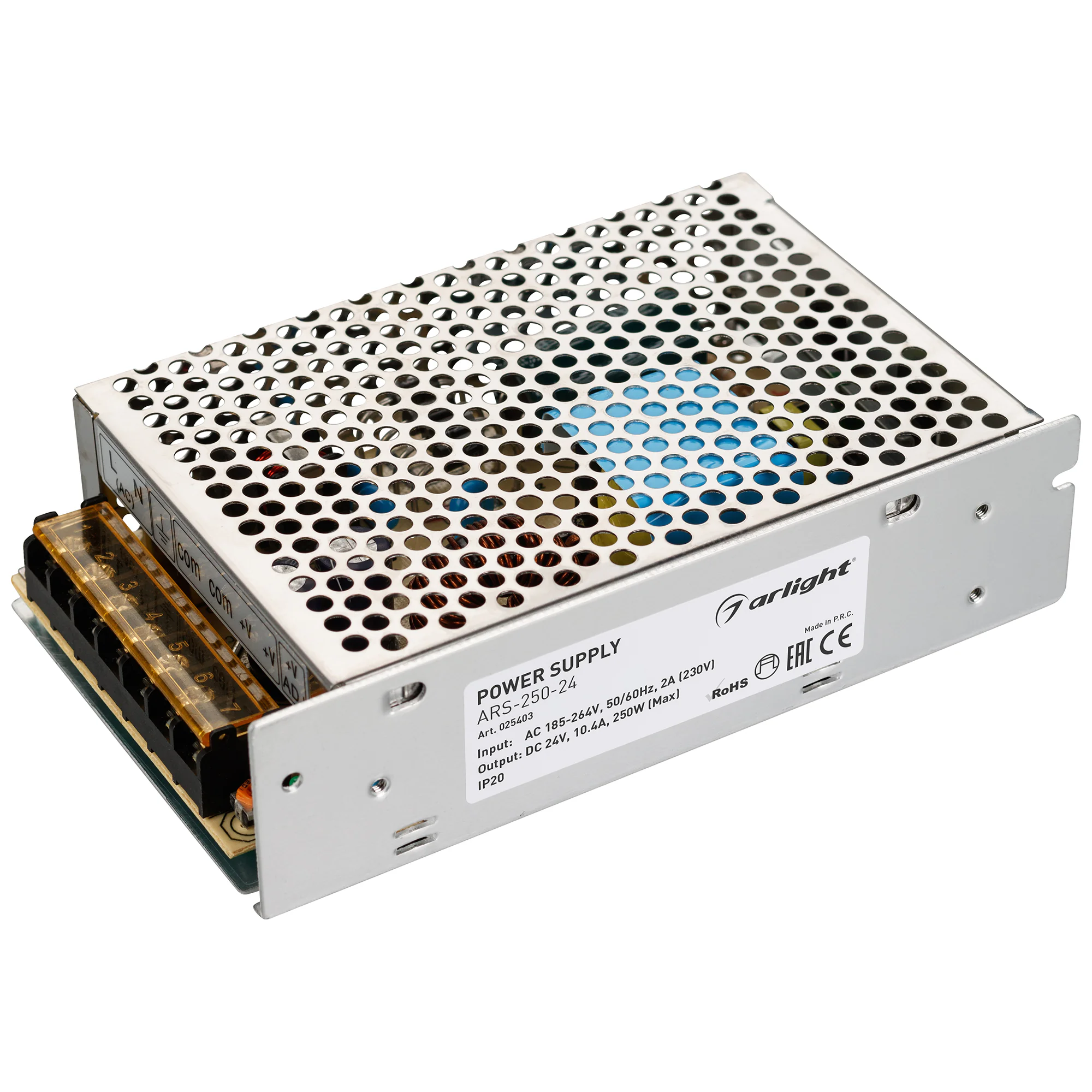 Блок питания ARS-250-24 (24V, 10.4A, 250W) 025403 - Источник напряжения с гальванической развязкой для светодиодных изделий. Входное напряжение 185-264 VAC. Выходные параметры: 24 В, 10,4 А, 250 Вт. Встроенный PFC >0,5. Негерметичный алюминиевый сетчатый 