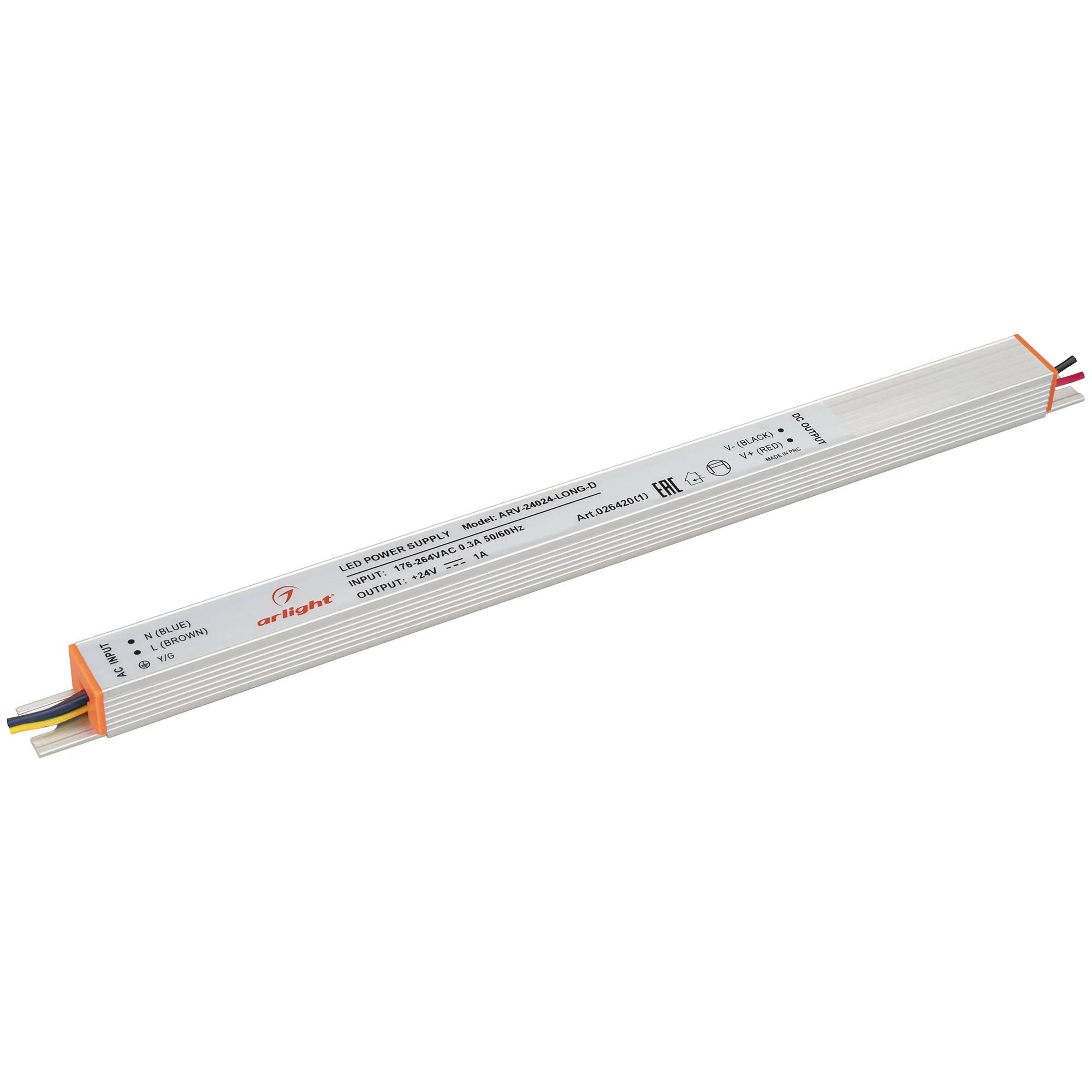 Блок питания ARV-24024-LONG-D (24V, 1A, 24W) 026420(1) - Источник напряжения с гальванической развязкой для светодиодных изделий. Входное напряжение 200-240 VAC. Выходные параметры: 24 В, 1 А, 24 Вт. Встроенный PFC >0,5. Негерметичный алюминиевый корпус I