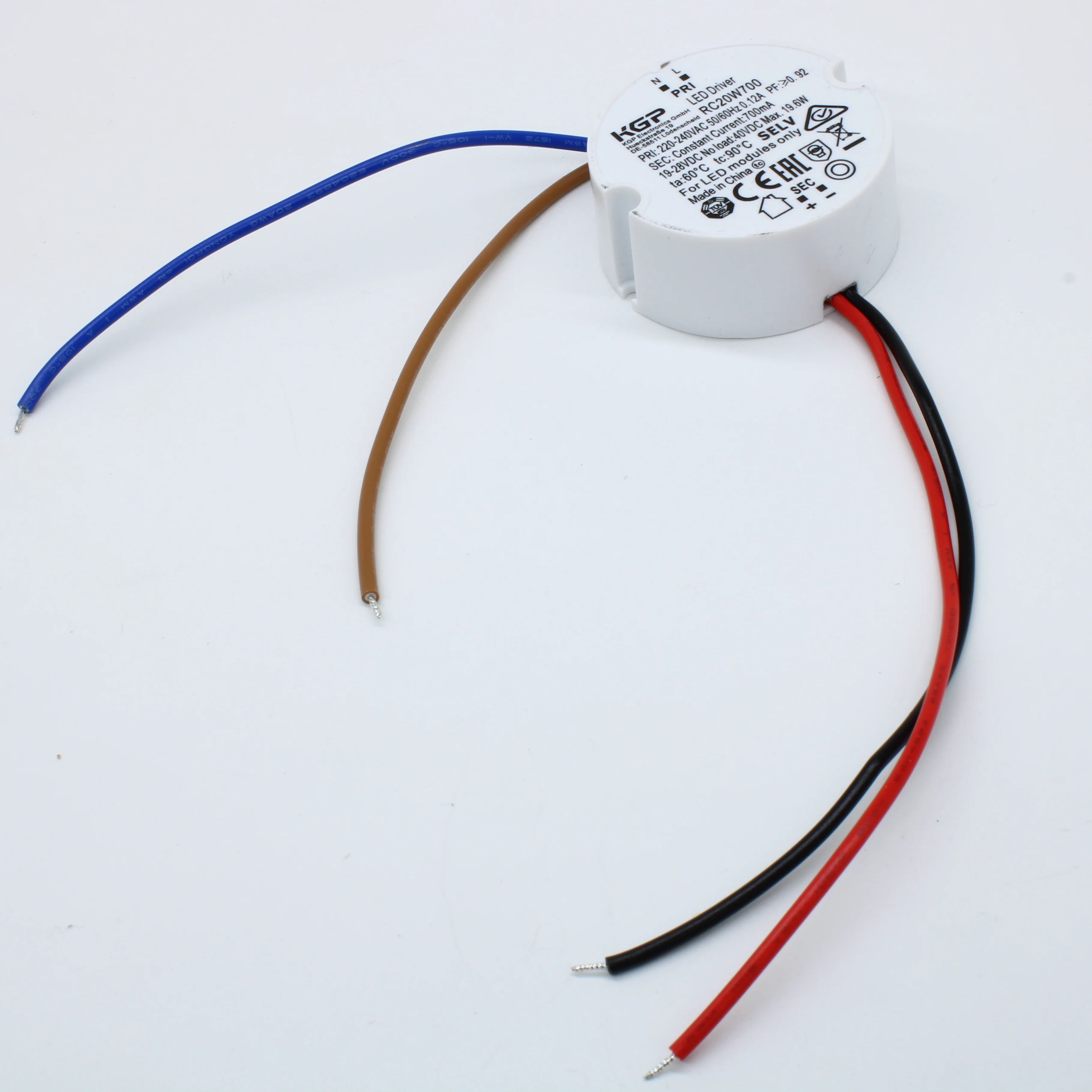 RC20W700 - AC-DC, 20Вт, токовый выход, вход 198…264В AC, выход 700мА/19…28В, ККМ, в кожухе Ф50х21мм, -20…+60°С